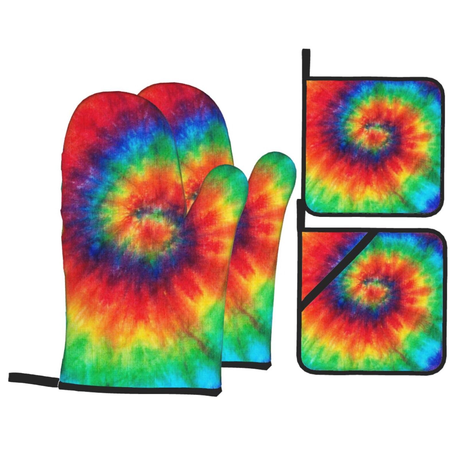 Tie Dye Rainbow Print Stylish Heat-Resistant Oven 4-Piece Set Kitchen Gloves Roasting Daily Cooking
