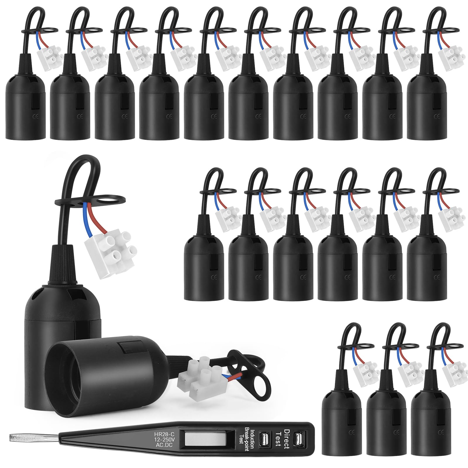 20 Stück E27 Ersatzfassung + VDE-Spannungsprüfer, Baufassung mit Kabel, Lampenfassung mit Kabel, Renovierfassung, Baustellenfassung