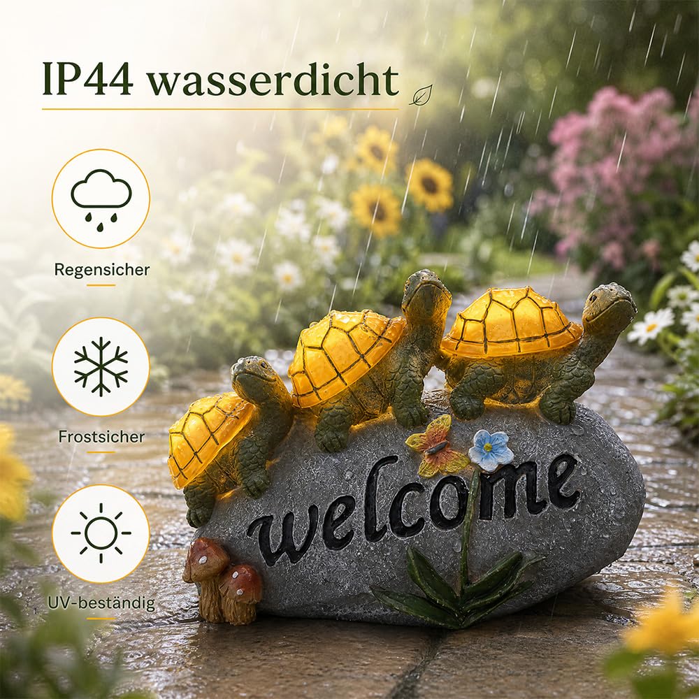 Shildkröte Deko Solar, Solar Gartenfigur Schildkröte, Gartenfiguren für Draußen Wetterfest mit 3 LED Lichtern für Mama/Frauen, Balkon Teich Terrasse Deko