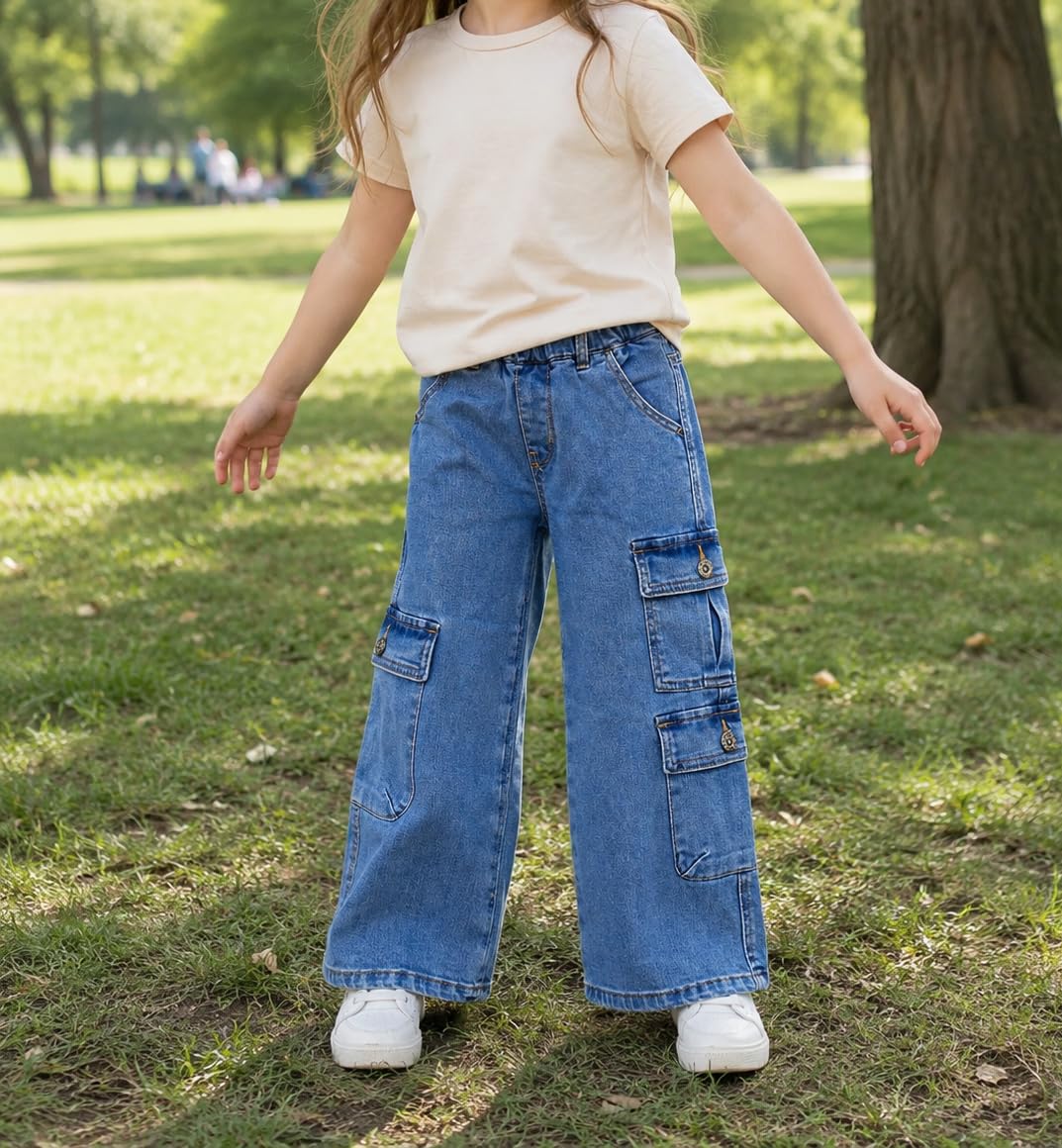 KIDSCOOL SPACE Pantaloni in denim elasticizzato a gamba larga da ragazza con 7 tasche, vita elastica a costine 5-14T con jeans cargo con anello a D