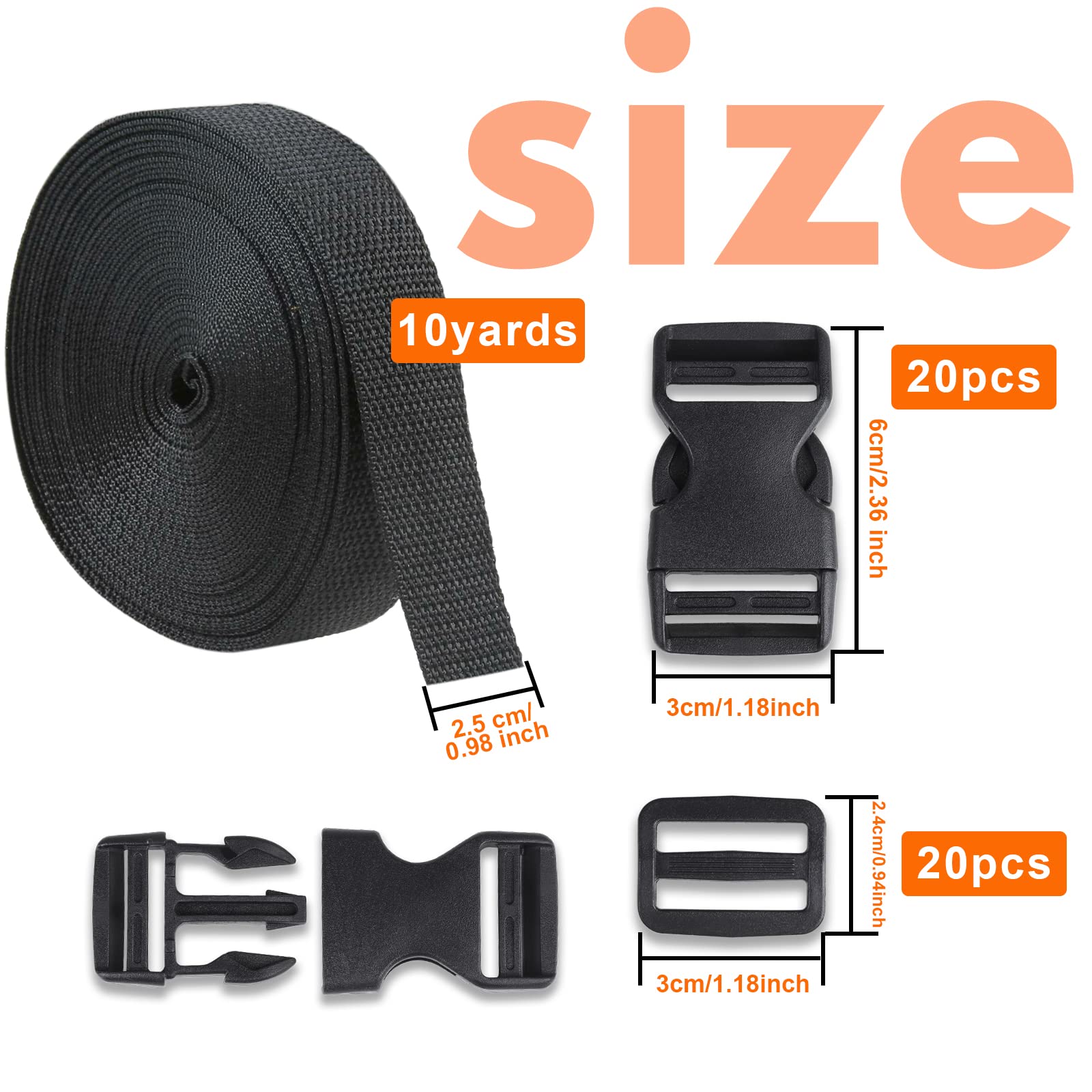YGDZ - Correas de nailon de 1 pulgada, 20 hebillas de plástico ajustables dobles de liberación lateral rápida con 20 deslizantes, color negro resistente, Negro
