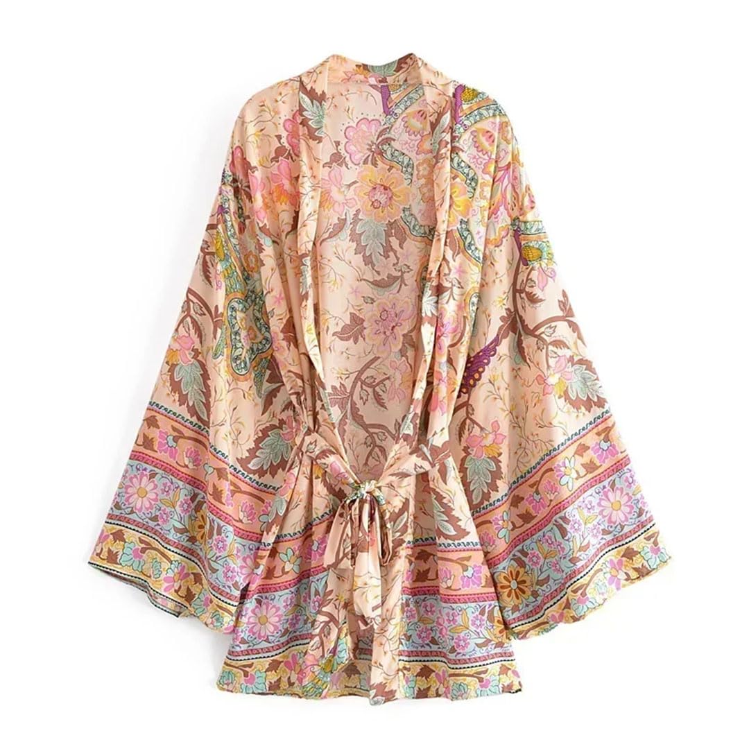 Vintage Floral Print Sashes Beach Kimono Women Wrap Batwing Sleeves Holiday Bikini Cover-Ups