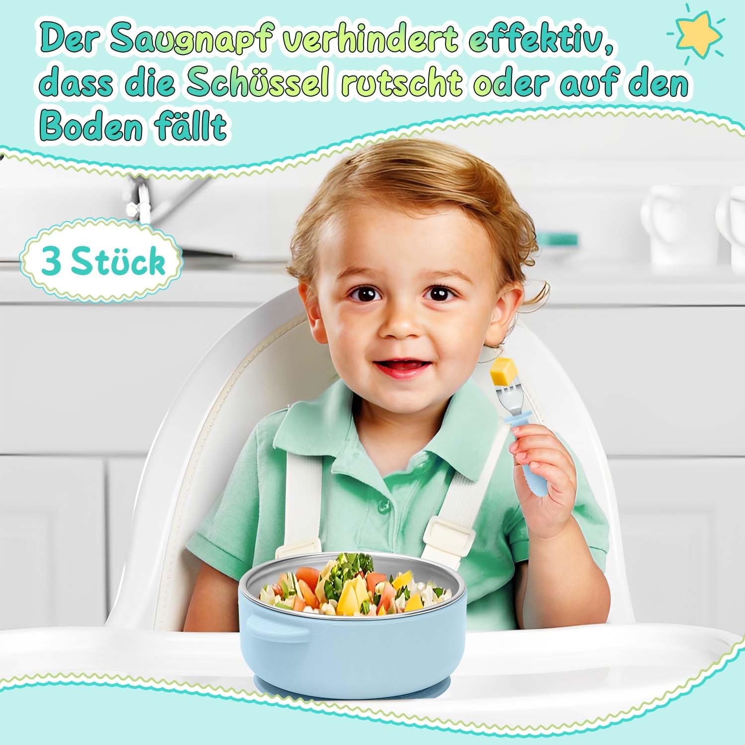 3 ciotole in acciaio inox con ventosa e coperchio, in acciaio inox, per bambini, antiscivolo, per porridge e snack, senza BPA, lavabile in lavastoviglie