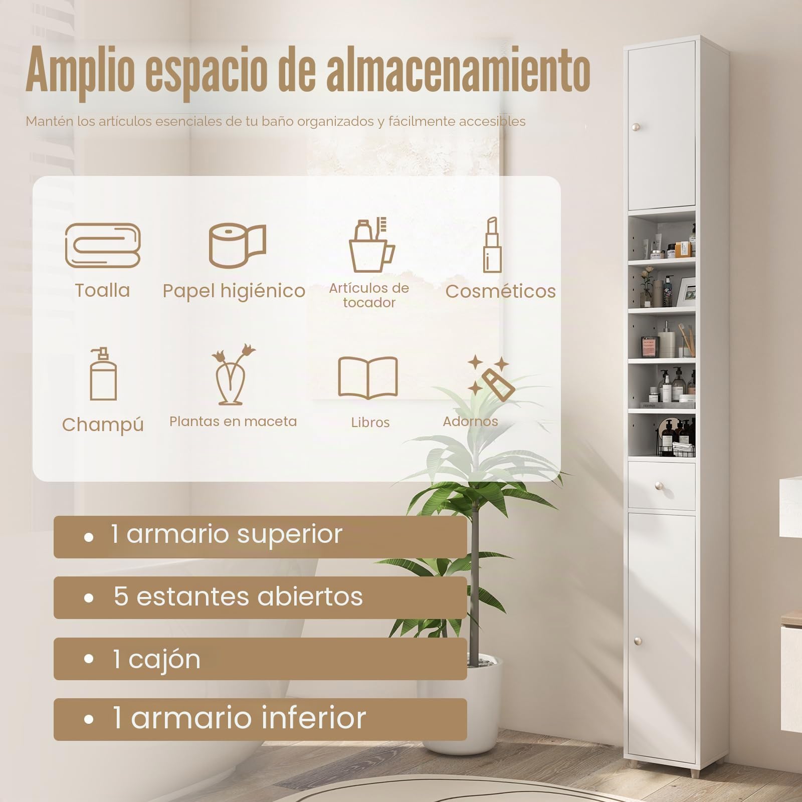 GIANTEX Armario de Baño Alto, Mueble Columna con 2 Puertas, 1 Cajón y Estantes Ajustables Abiertos, 20 x 20 x 180 cm, Mueble Auxiliar Estrecho para Salón, Dormitorio (5 Estantes, Blanco)
