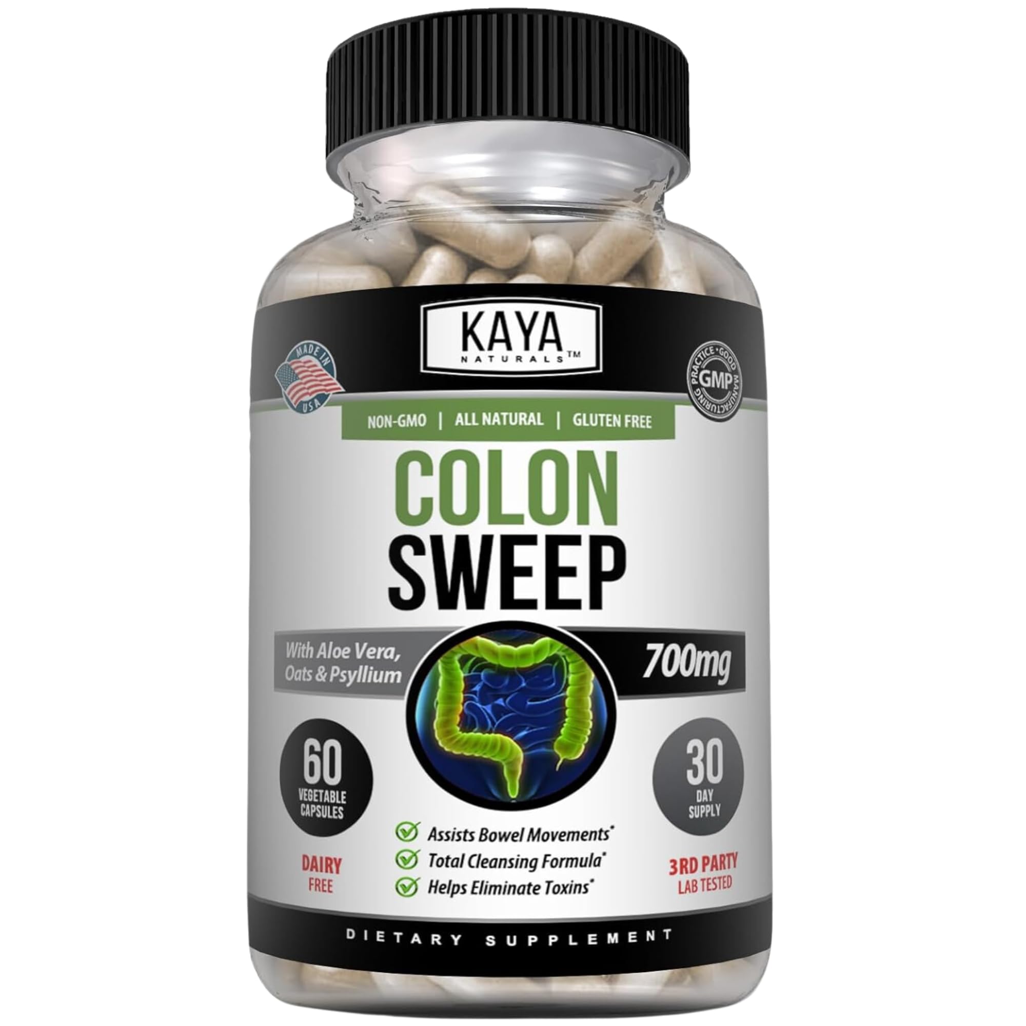 Kaya Naturals Colon Sweep | Colon Cleanser 30-Day Fast-Acting with Herbs & Probiotics, Supports Healthy Bowel Movements, Cleansing Formula with Fiber, Non-GMO - 60 Capsules
