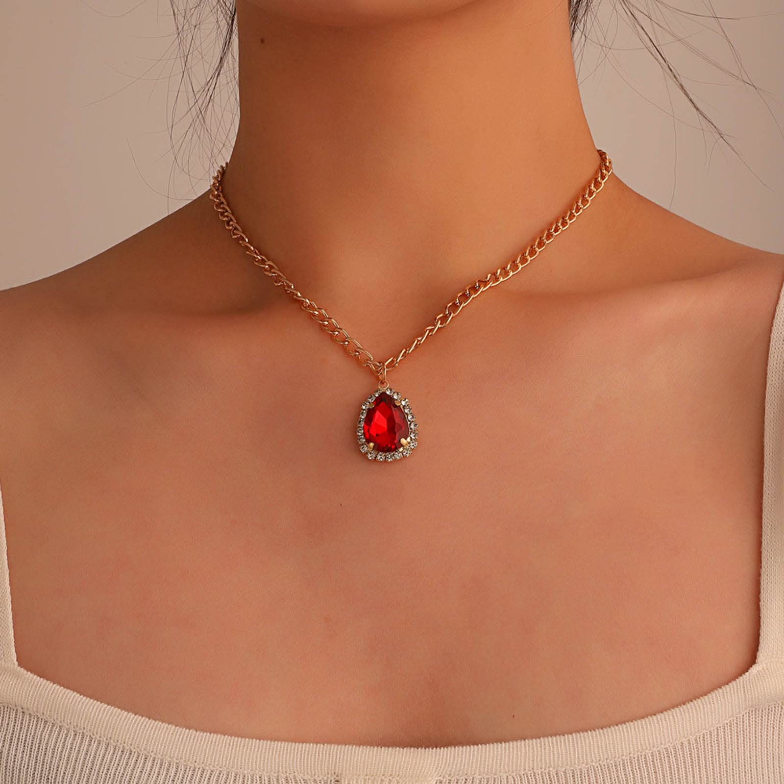 Wendalern Collar de gargantilla de cristal de lágrima Collar con colgante de diamante rojo Collar diamantes de imitación de oro Collar de clavícula circonita cúbica vintage Joyas para mujeres y niñas