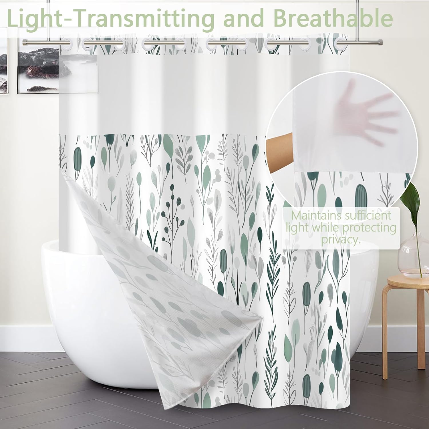 Boho Shower Curtain with Snap in Liner Waterproof 71" W x 74" H | Fabric Botanical Bath Curtain No Hook, Green Abstract Leaves Print Design for Modern Bathroom with Mesh Top