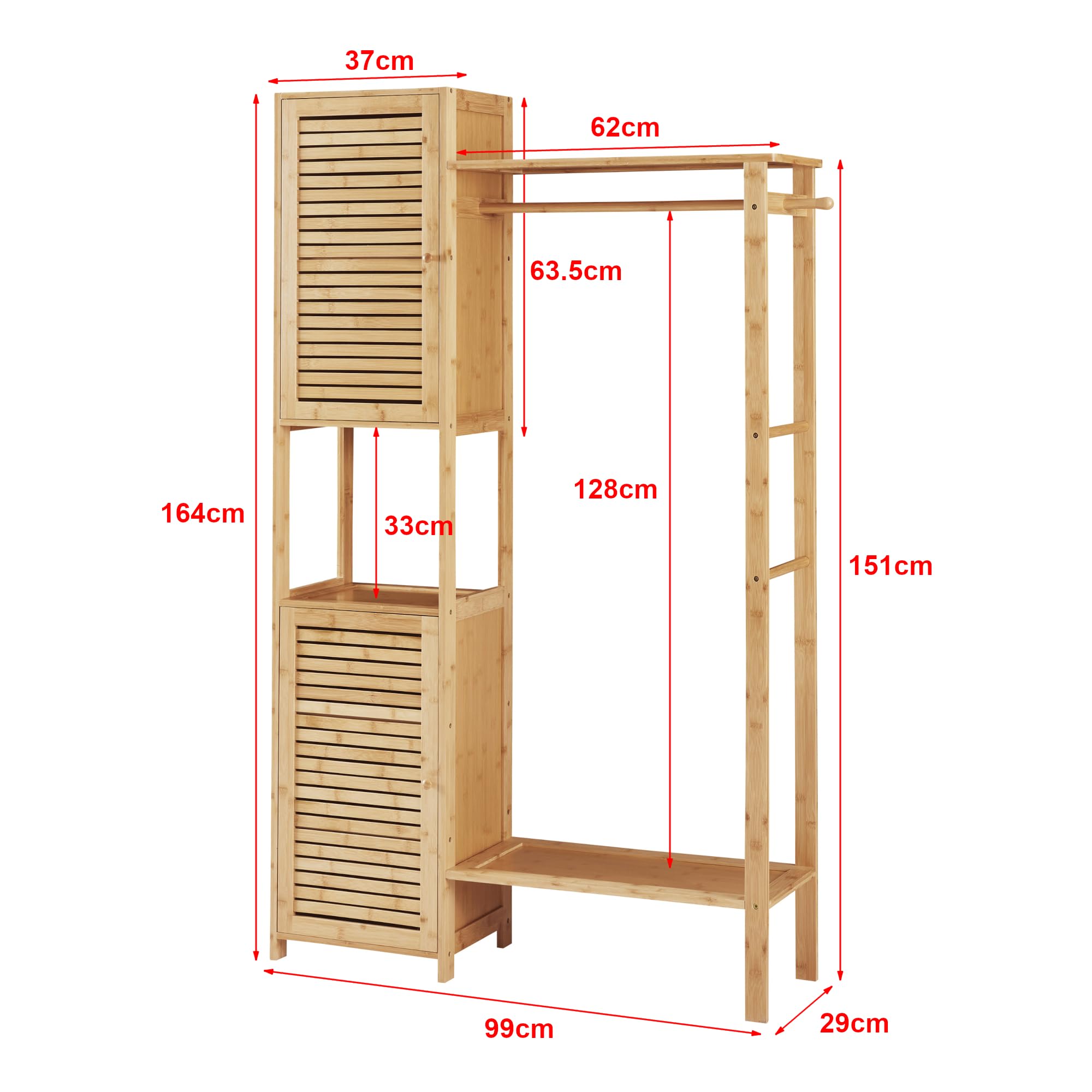 [en.casa] Porta Abiti da Camera Appendiabiti da Terra in Bambù 164 x 99 x 29 cm Organizzatore Guardaroba con Barra Porta Abiti Ripiani e Armadietti