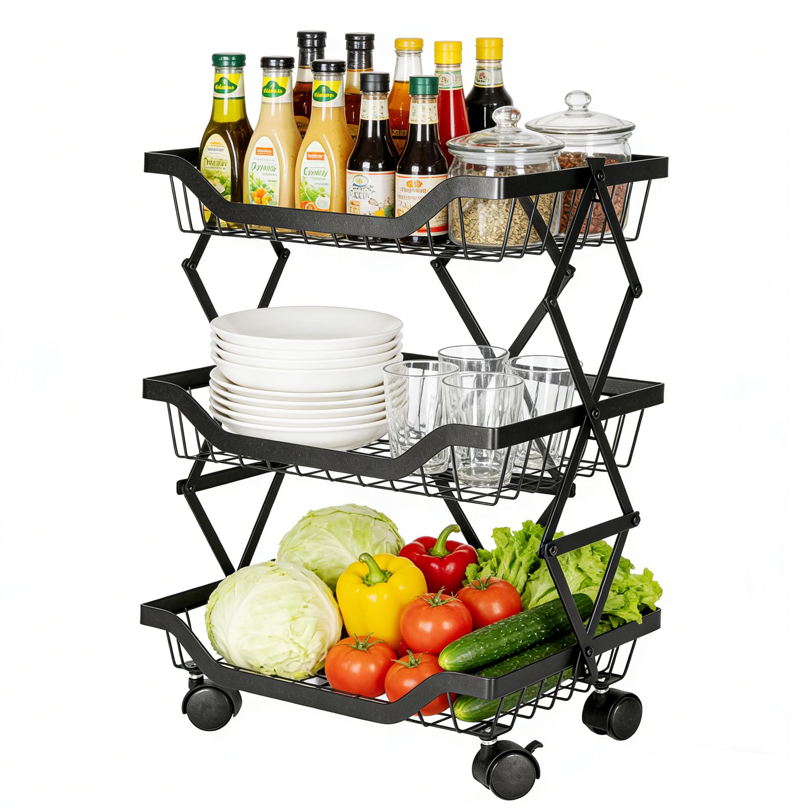 GiHaood 3-Tier Rolling Vegetable Rack Pantry Cart with Wheels,Stackable Metal Fruit Bowl and Kitchen Pantry Organizers for Onion Potato Food Snack Vegetable