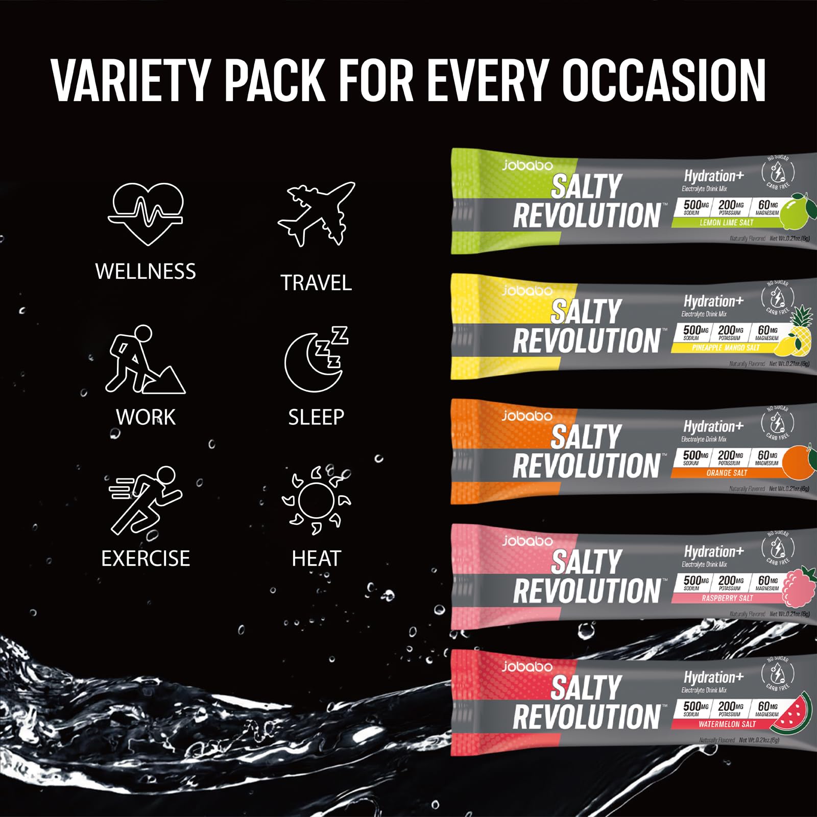 Jobabo Salty Revolution Electrolytes Powder Packets | Keto, Energy & Sports Hydration Support | No Sugar, Gluten-Free | Drink Mix Variety Pack (30 Sticks) — view 6
