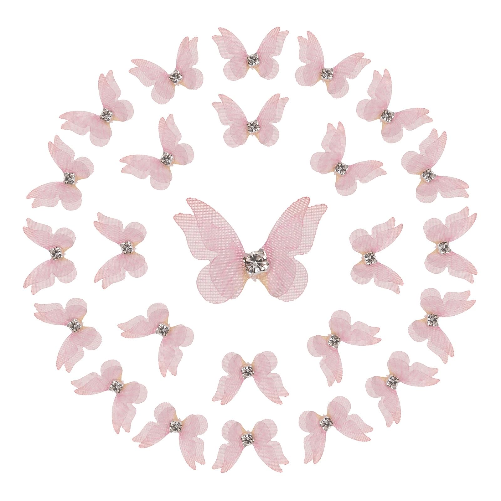 sourcing map 25Pcs Organza Fabric Butterflies for Crafts,20mm 3D Double-Layer Sheer Mesh Butterfly Applique Butterflies with Diamond for DIY Wedding Parties, Home Decor and Clothing, Pink