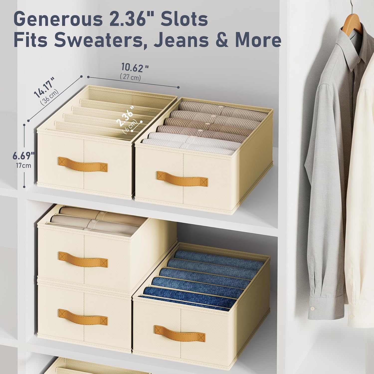 DIMJ Wardrobe Clothes Organizer - Foldable Closet Drawer Organizer Dividers for Jeans, Pants, Sweater, T Shirt, Storage Bins with Handles for Shelf