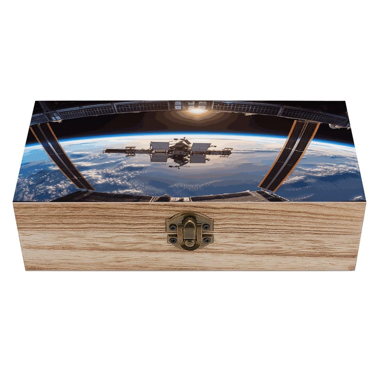 JTREHY International Space Station Picture Wooden Keepsake Box Vintage-Style Wood Keepsake Case with Hinged Lid Solid Wood Boxes Beautifully Memory Treasure Case Vintage-Style Wooden Storage Box