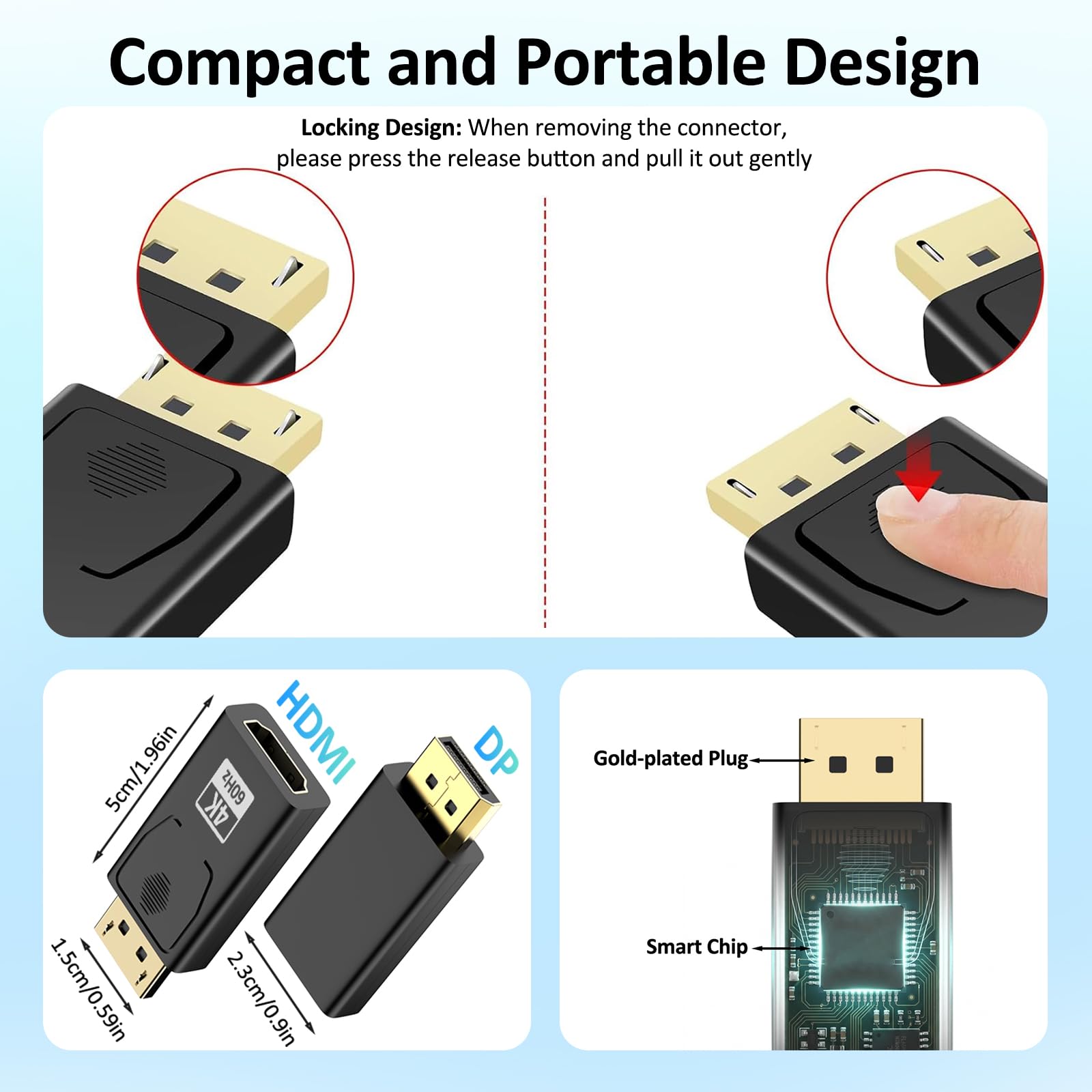 4K Adaptateur Displayport vers HDMI,DisplayPort vers HDMI 4K@60Hz/ 2K@60Hz/ 1080P@120Hz,2 pièces Unidirectionnel display port to hdmi Compatible avec Dell,HP,HDTV,Projecteur,Moniteur, AMD, GPU, NVIDIA