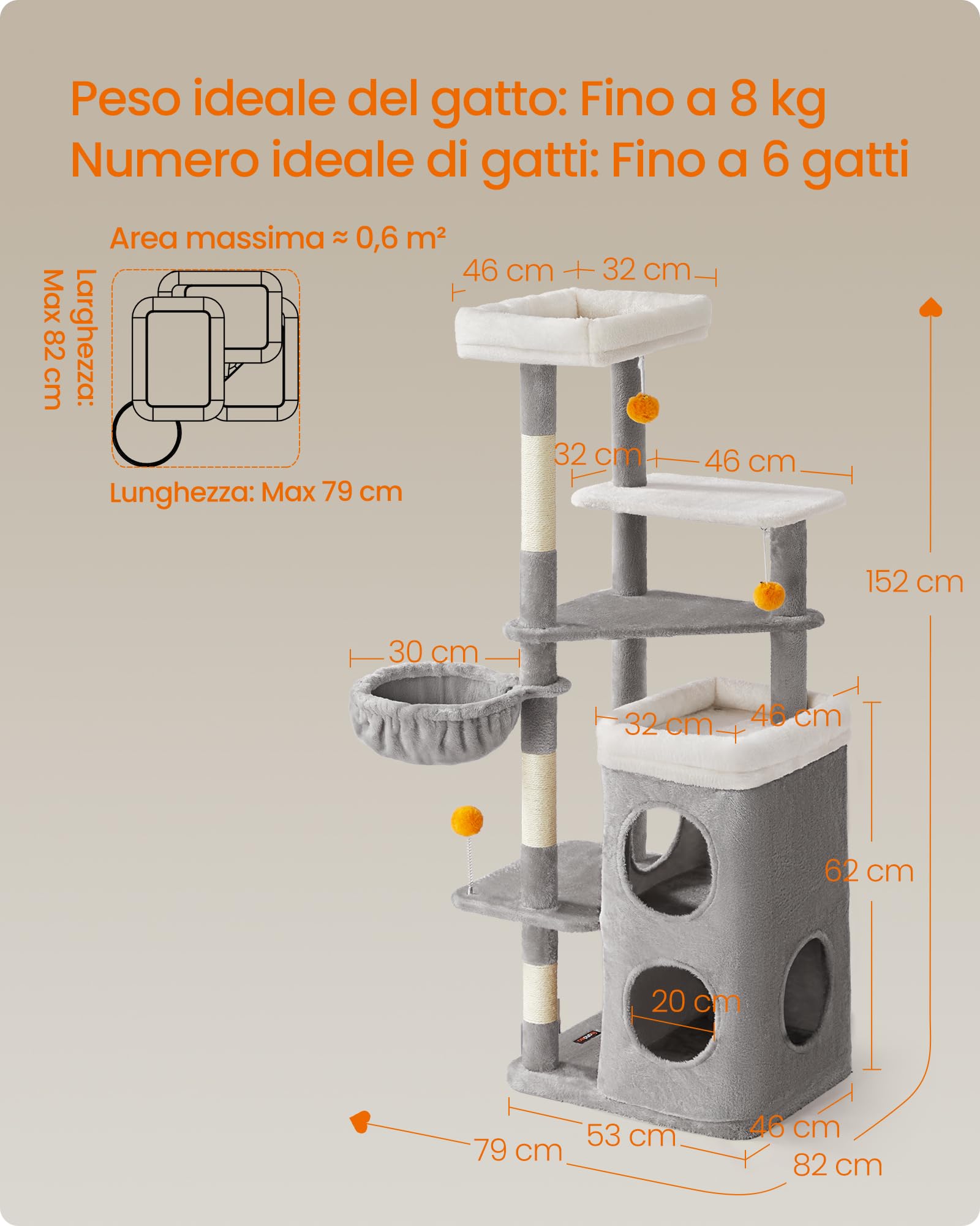 Feandrea Albero per Gatti Alto 152 cm, Tiragraffi per Gatti a Più Livelli con 2 Grotte Ampie, un’Amaca, 3 Colonne Graffiatoio, 3 Piattaforme, Grigio Tortora PCT007G01