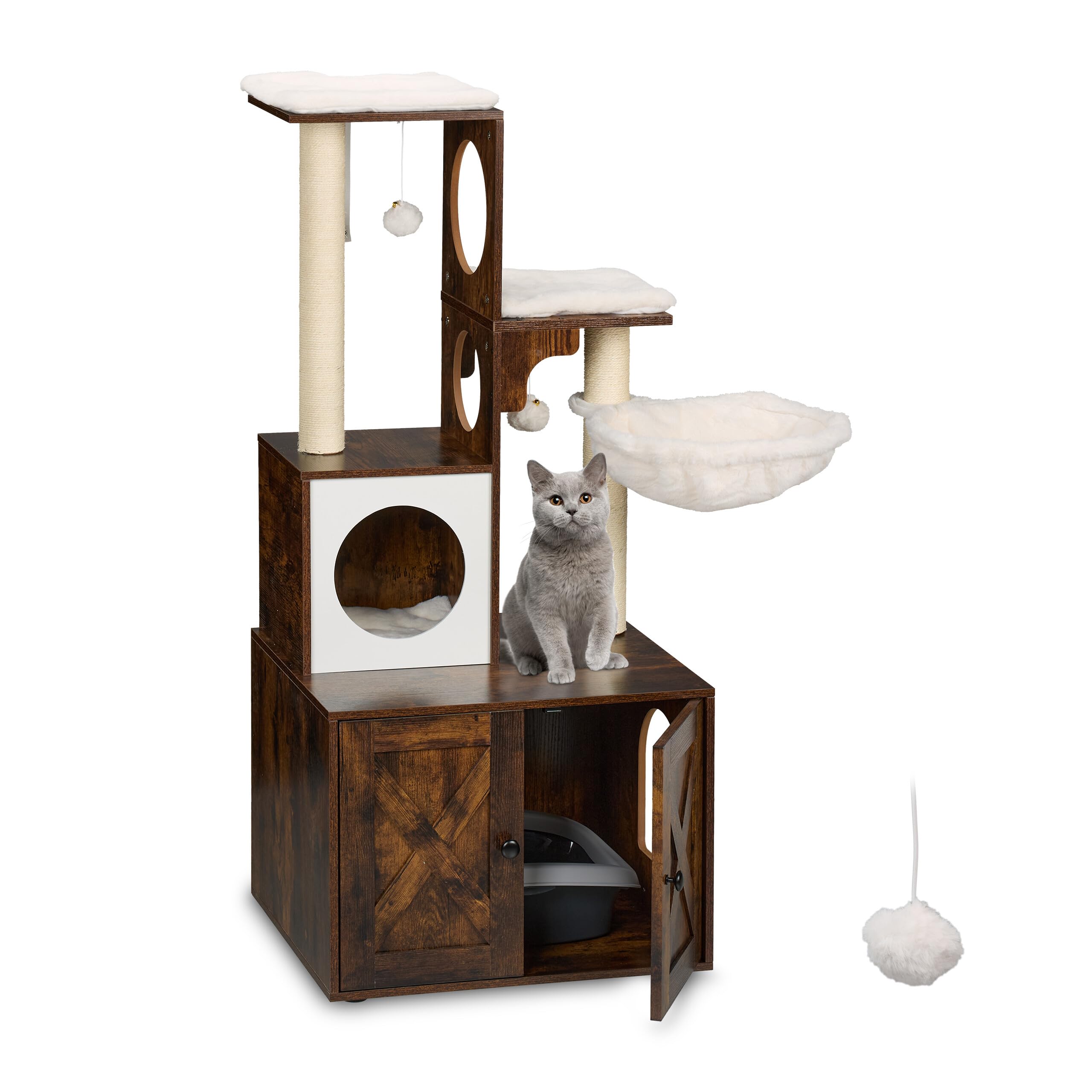 Relaxdays Albero Tiragraffi Gatti, Torre Alta 128 cm, con Cuccia, Armadietto Lettiera, Graffiatoi, Palle, Marrone Bianco
