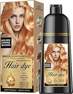 Hair Dye Shampoo 3-in-1, Golden Copper Blonde Semi-Permanent Gray Hair Coverage, Color Depositing Shampoo for Women & Men, Vegan, Ammonia-Free