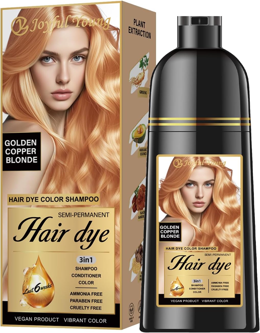 Joyful Young Hair Dye Shampoo 3-in-1, Golden Copper Blonde Semi-Permanent Gray Hair Coverage, Color Depositing Shampoo for Women & Men, Vegan, Ammonia-Free