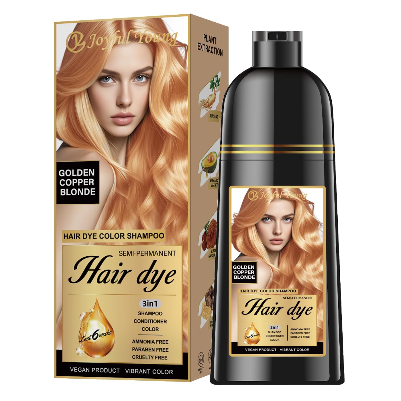 Hair Dye Shampoo 3-in-1, Golden Copper Blonde Semi-Permanent Gray Hair Coverage, Color Depositing Shampoo for Women & Men, Vegan, Ammonia-Free