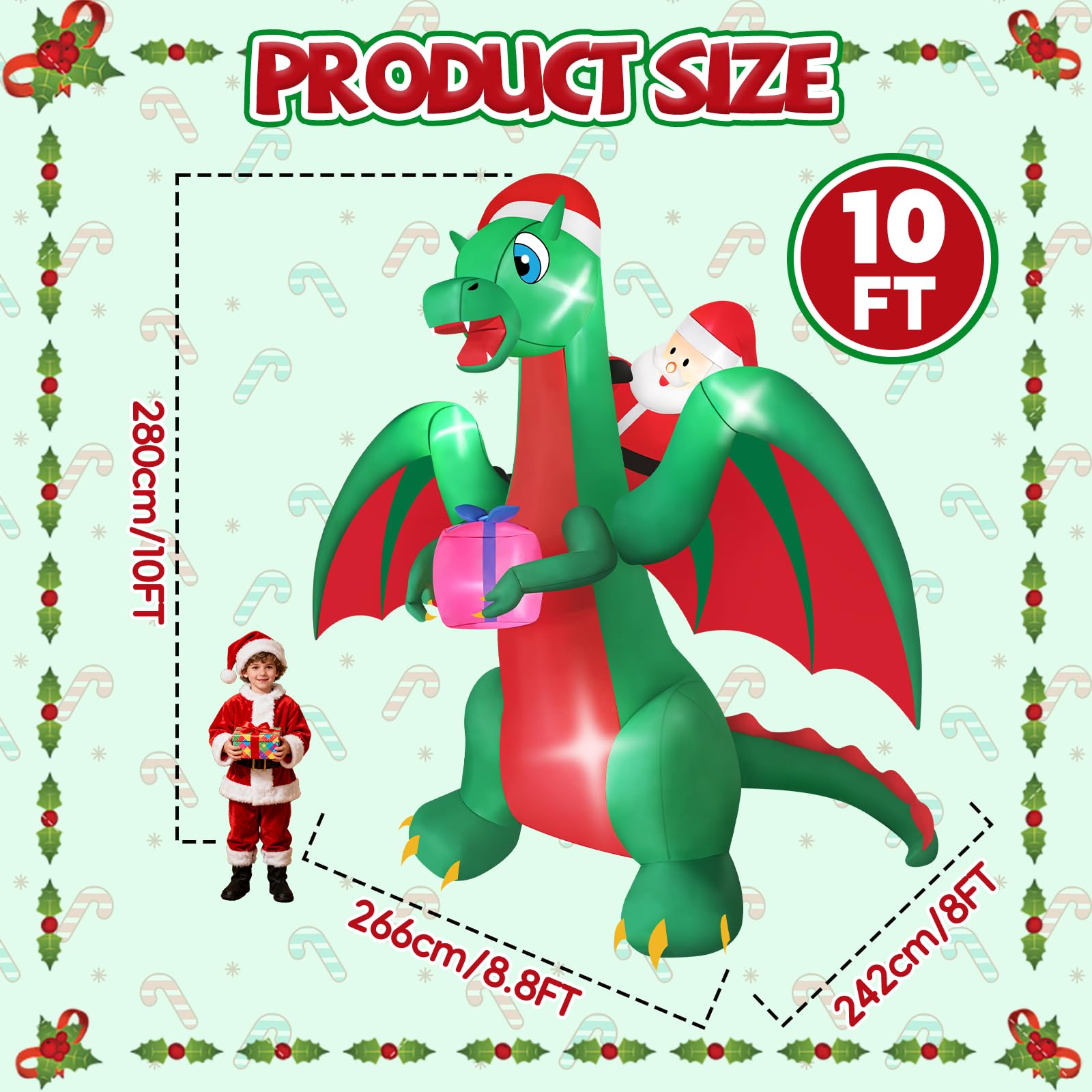 HUUIDY Kerst opblaasbare dinosaurus, 9Ft outdoor kerstversiering met led-verlichting, kerst opblazen tuin decoraties met huidige kersthoed voor buiten tuin gazon tuin feest decor