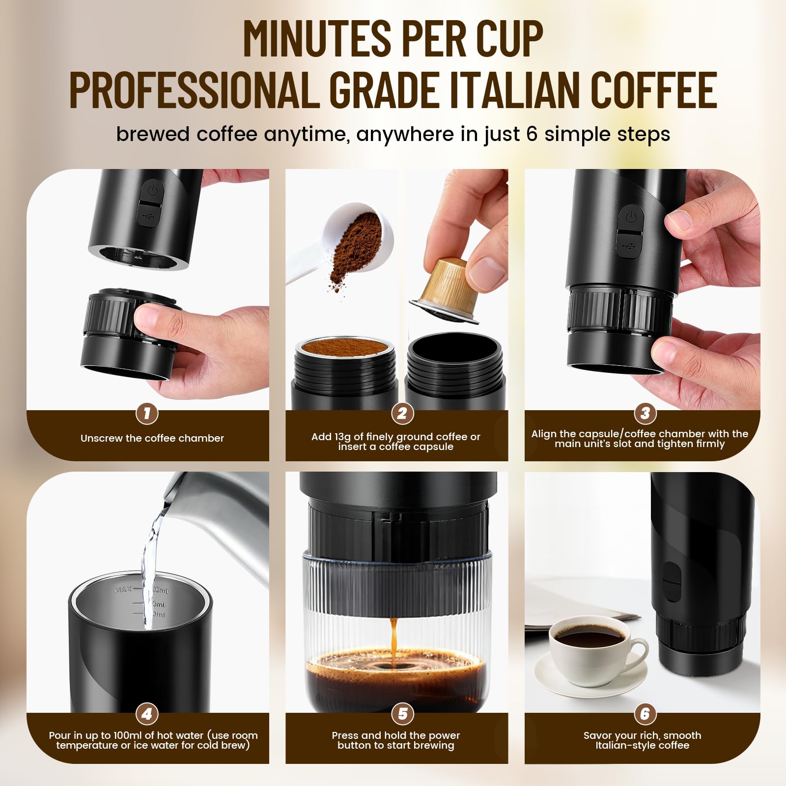 Máquina de Café 3 en 1 Portátil Compatible con 3.5 x 2.8cm Cápsulas y café molido, Cafetera Espresso Eléctrica para Camping Viaje Oficina, Calentamiento Rápido Cafetera con depósito de agua de 100ml