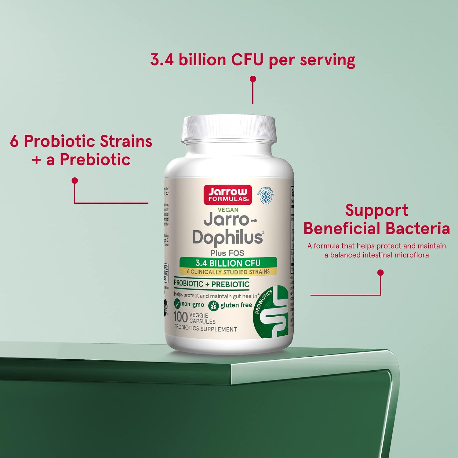 Jarrow Formulas Jarro-Dophilus + FOS - 3.4 Billion CFU Per Serving - Prebiotic & Probiotics Supplement for Immune & Intestine Support - Up to 100 Servings (Veggie Caps) (PACKAGING MAY VARY)