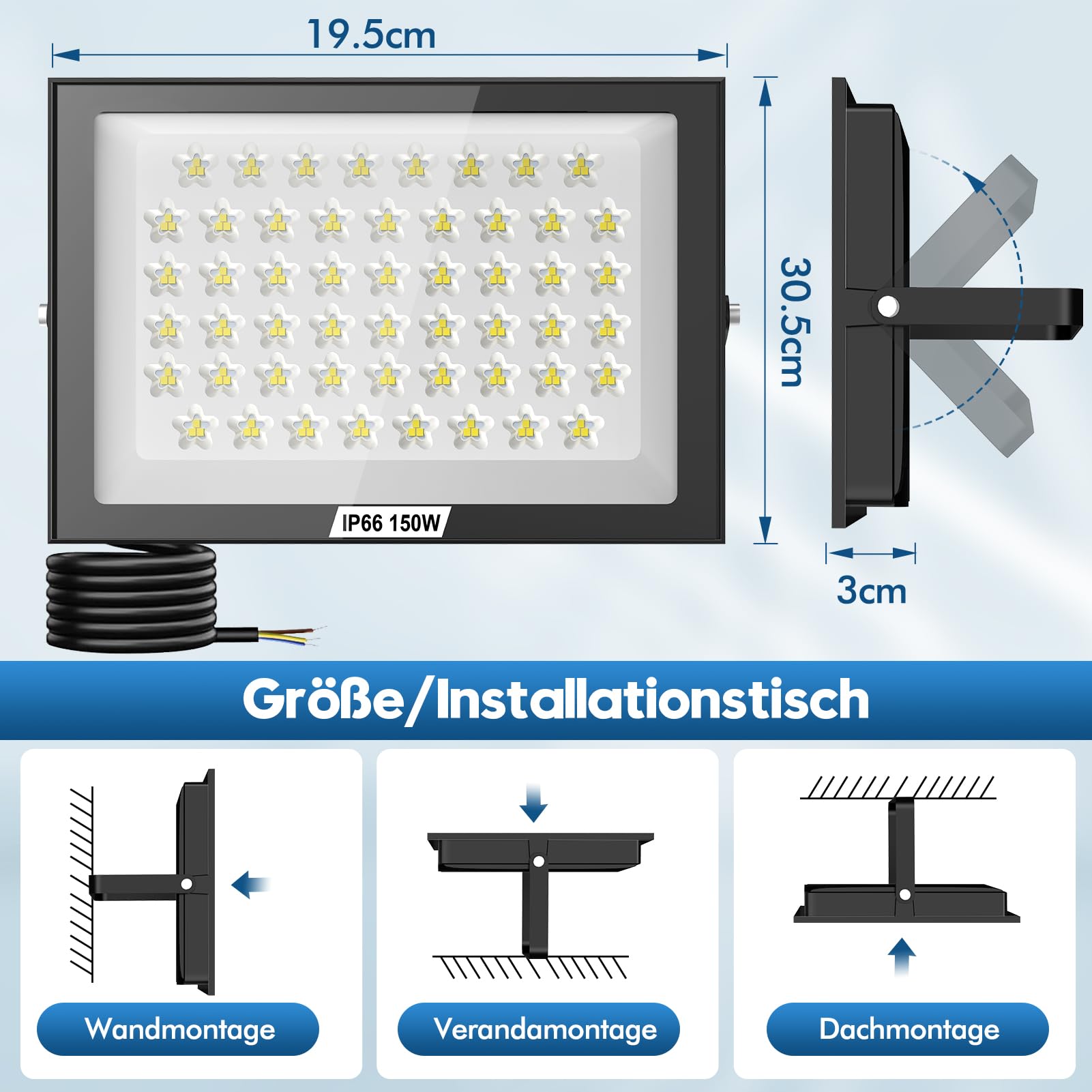 2 pezzi Proiettore LED Esterno 150W IP66 6500K Bianco Freddo Spot Esterno Potente Per Magazzino Giardino Garage Terrazza Parcheggio