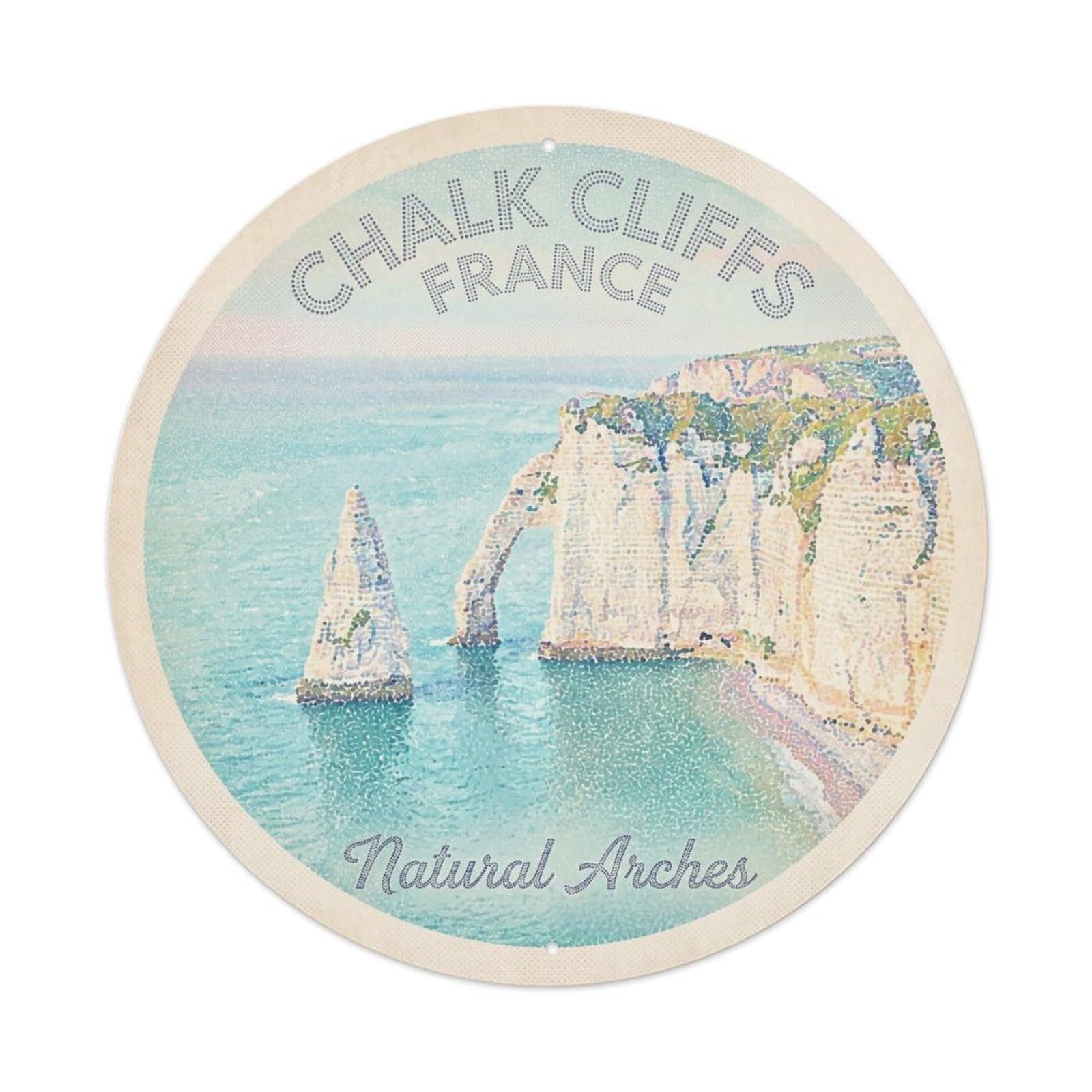 Vintage Travel Chalk Cliffs France Coast Metal Tin Sign Plaque Wall Decor for Cafe, Club, Garden Round Metal Poster 8x8Inch