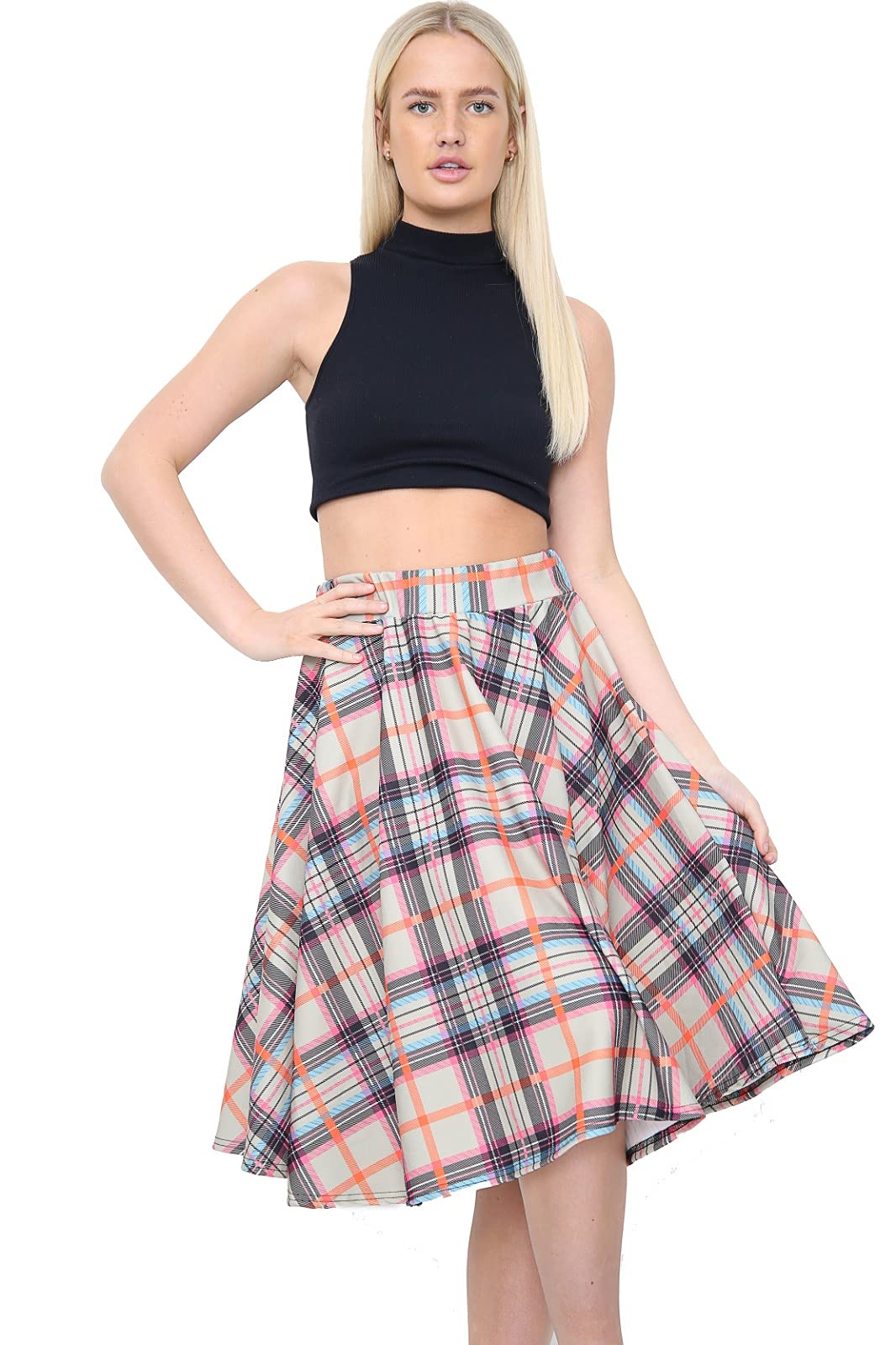 Womens Plain Soft Stretch Ladies Elasticated Waistband Knee Length Full FLA Swing Skater Midi Skirt (16, Stone Tartan)