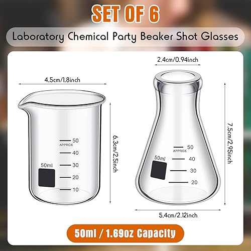 Miniatura 2 de Erlenmeyer - Juego de 6 vasos de laboratorio para vasos de química, mini vasos de laboratorio con medición, divertidos regalos de química para