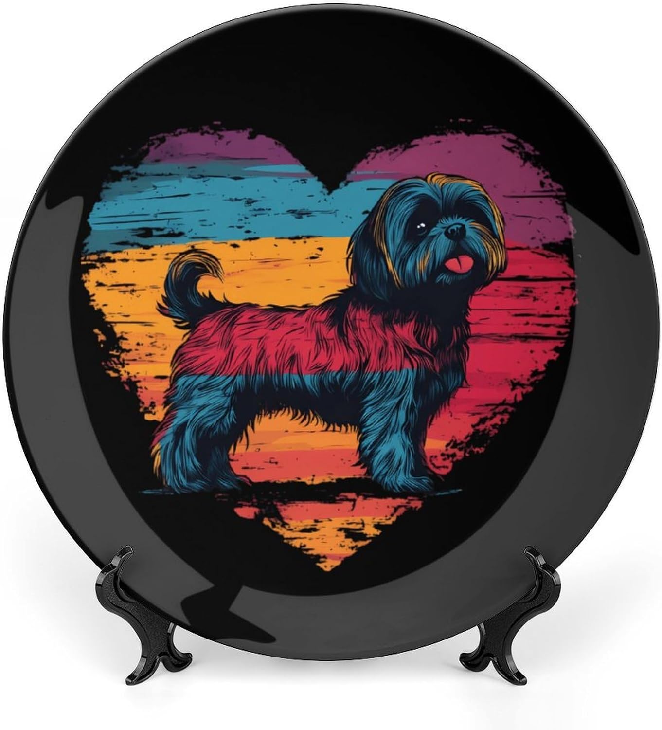 Vintage Shih Tzu Dog Sunset Novelty Decorative Plate with Display Stand Ceramic Ornament Hanging Wall Decor