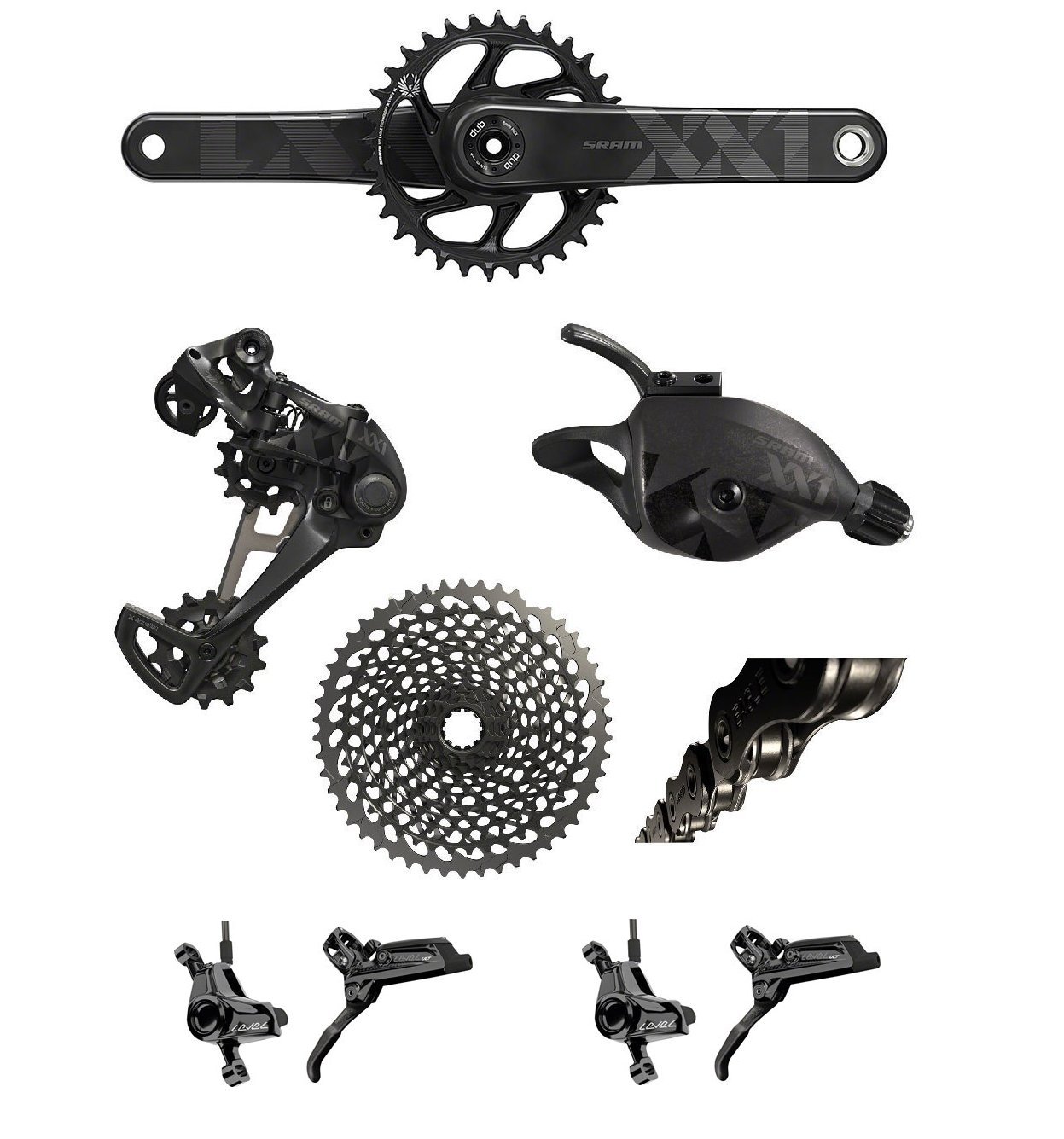 SRAM XX1 Eagle Dub 170 Gruppe mit Bremsen 170mm 34T 10-50T Schwarz | Fahrrad-Hinterradfederungsstoßdämpfer