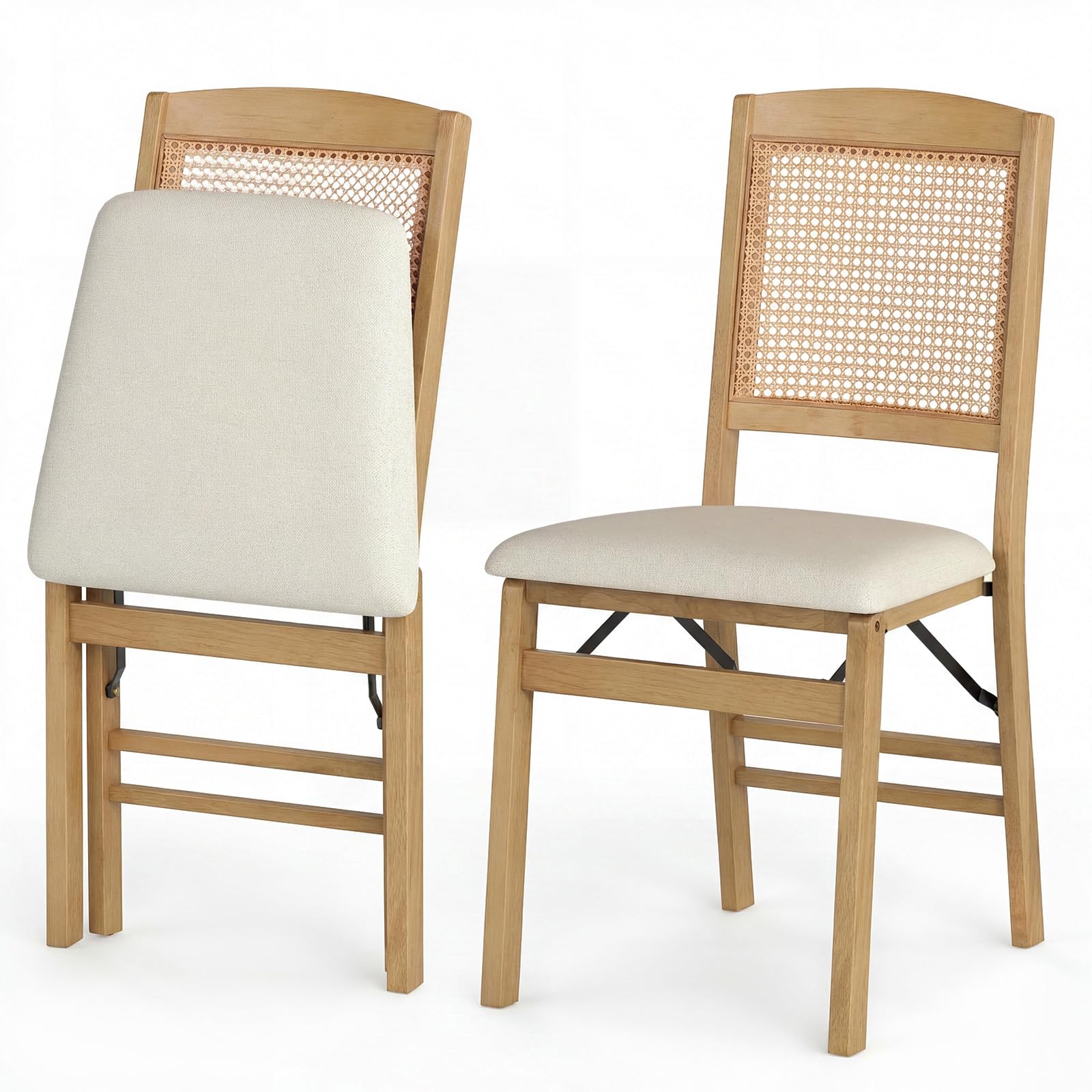 TANGZON Folding Chairs Set of 2/4, Rubber Wood Padded Dining Chairs with PVC Leather/Linen Fabric Exterior, Home Office Upholstered Guest Conference Seats (PE Rattan Backrest, Beige+Brown, 2, count)