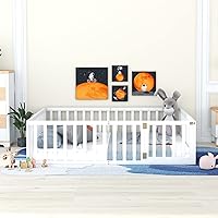 Vista 4 de Harper & Bright Designs Cama de suelo Queen con rieles, marco de cama de piso de madera con valla y puerta, para niños y niñas (blanco)