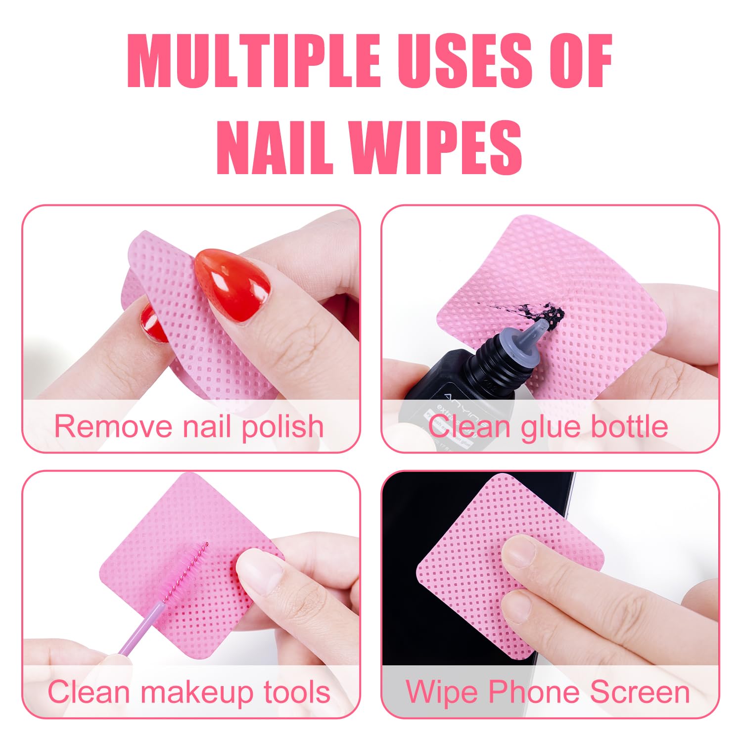 Kit de 1080 toallitas de uñas sin pelusas, juego de removedor de esmalte de uñas de gel rosa con 1 botella dispensadora de acetona de 6.8 fl oz (6.8 onzas) para removedor de esmalte de 8