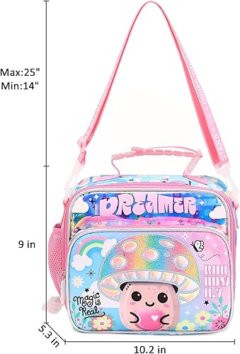 Miniatura 4 de Lonchera infantil para niñas, bonita lonchera de hongos con compartimento espacioso, bolsa de almuerzo aislada para la escuela, soporte para botella