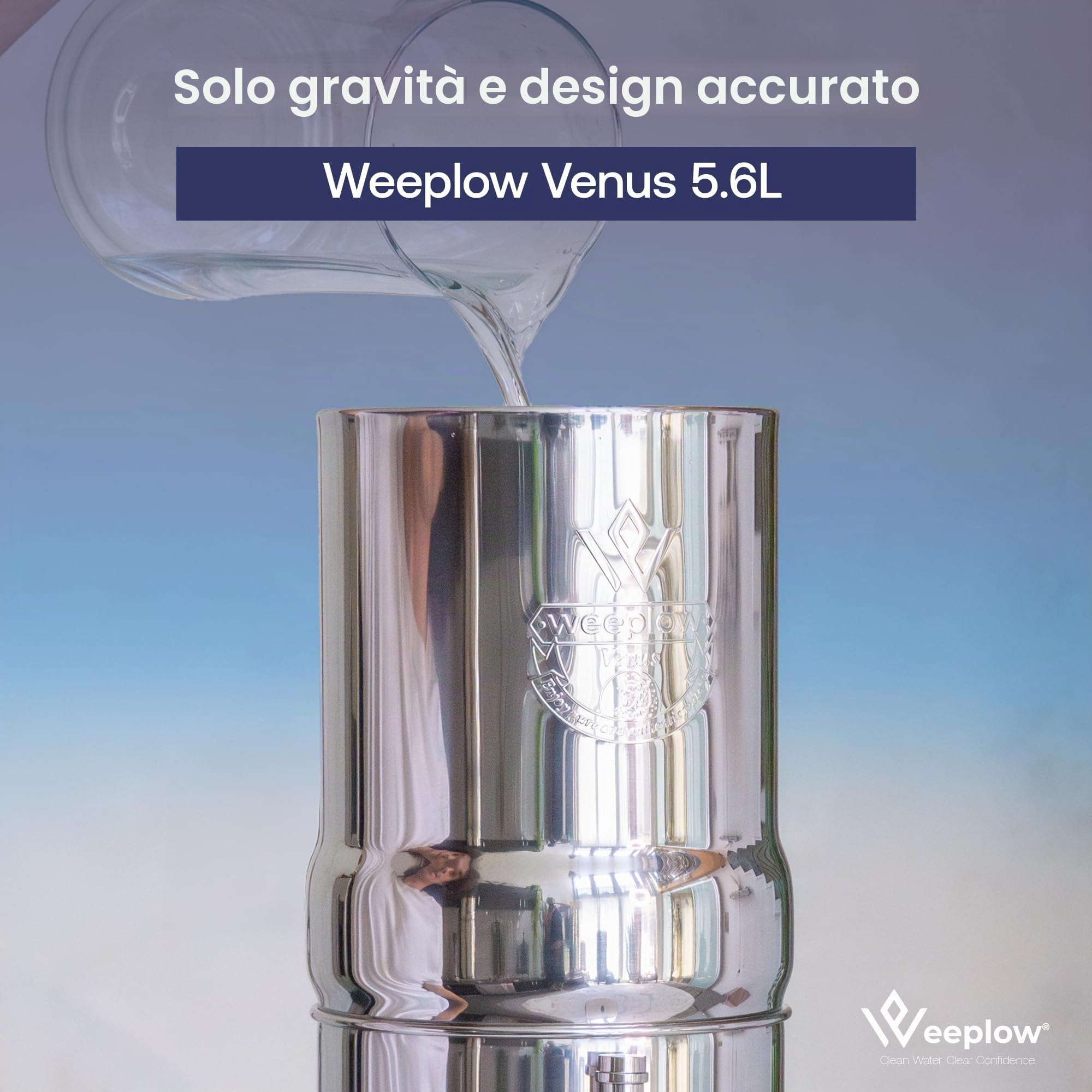 Weeplow® Venus ECO - Sistema di filtraggio dell'acqua per gravità 5,6 litri AISI 304 con 2 elementi di purificazione O'Pure 2 e rubinetto 100% inox (acciaio inox, 5,6L ECO)