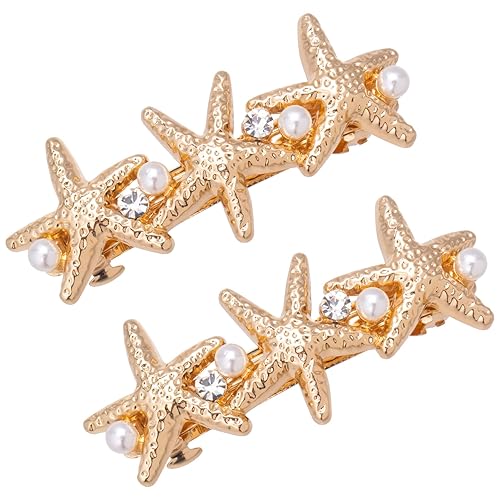 2 pinzas para el pelo de estrella de mar de 2.6 pulgadas, con diamantes de imitación de cristal dorado, perlas, pasadores brillantes de sirena