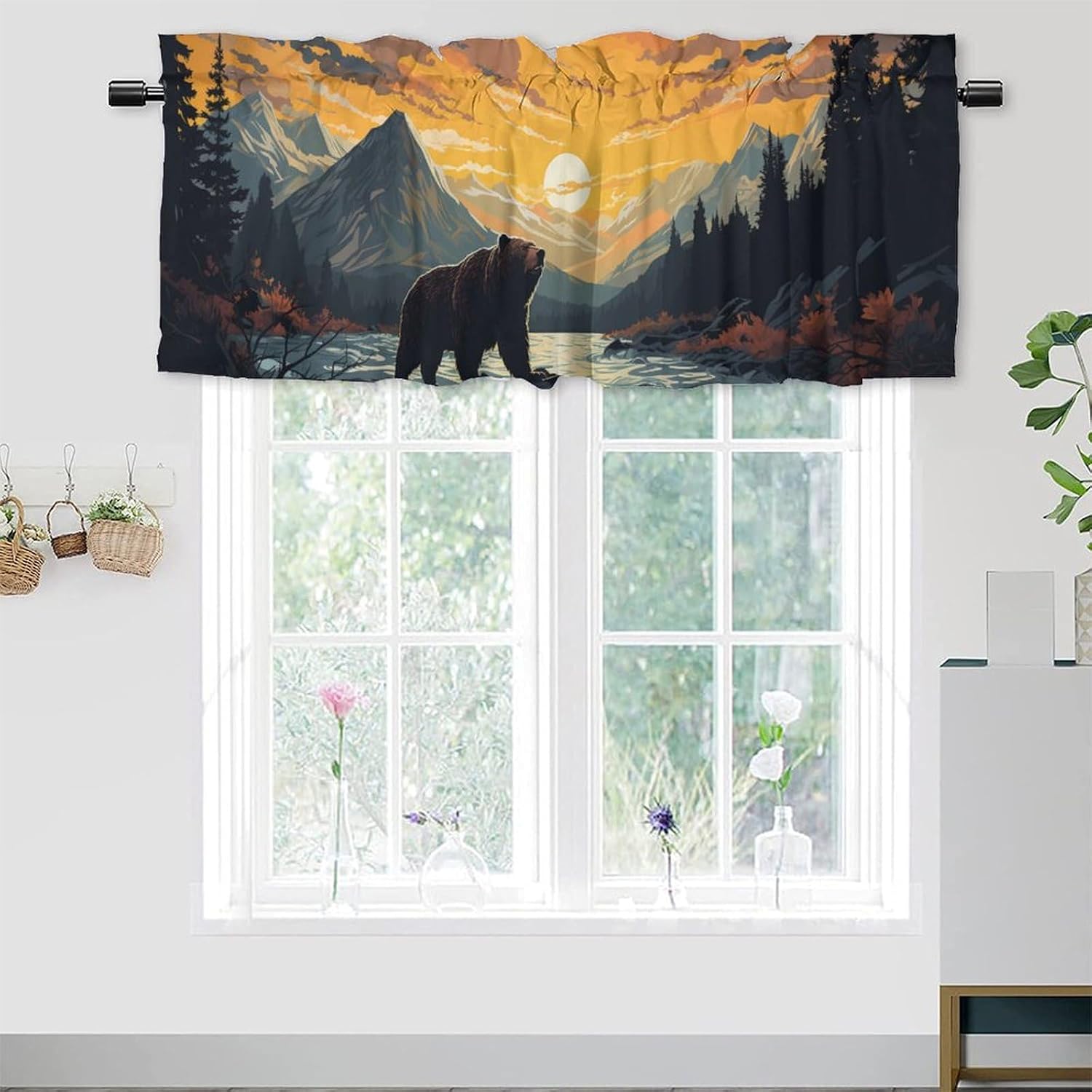 Rustic Cabin Bear Rod Pocket Valances for Kitchen Woodland Hunting Country Wildlife Animals Window Treatment for Living Room Bedroom Bathroom 54 by 18 in, 2 Panel