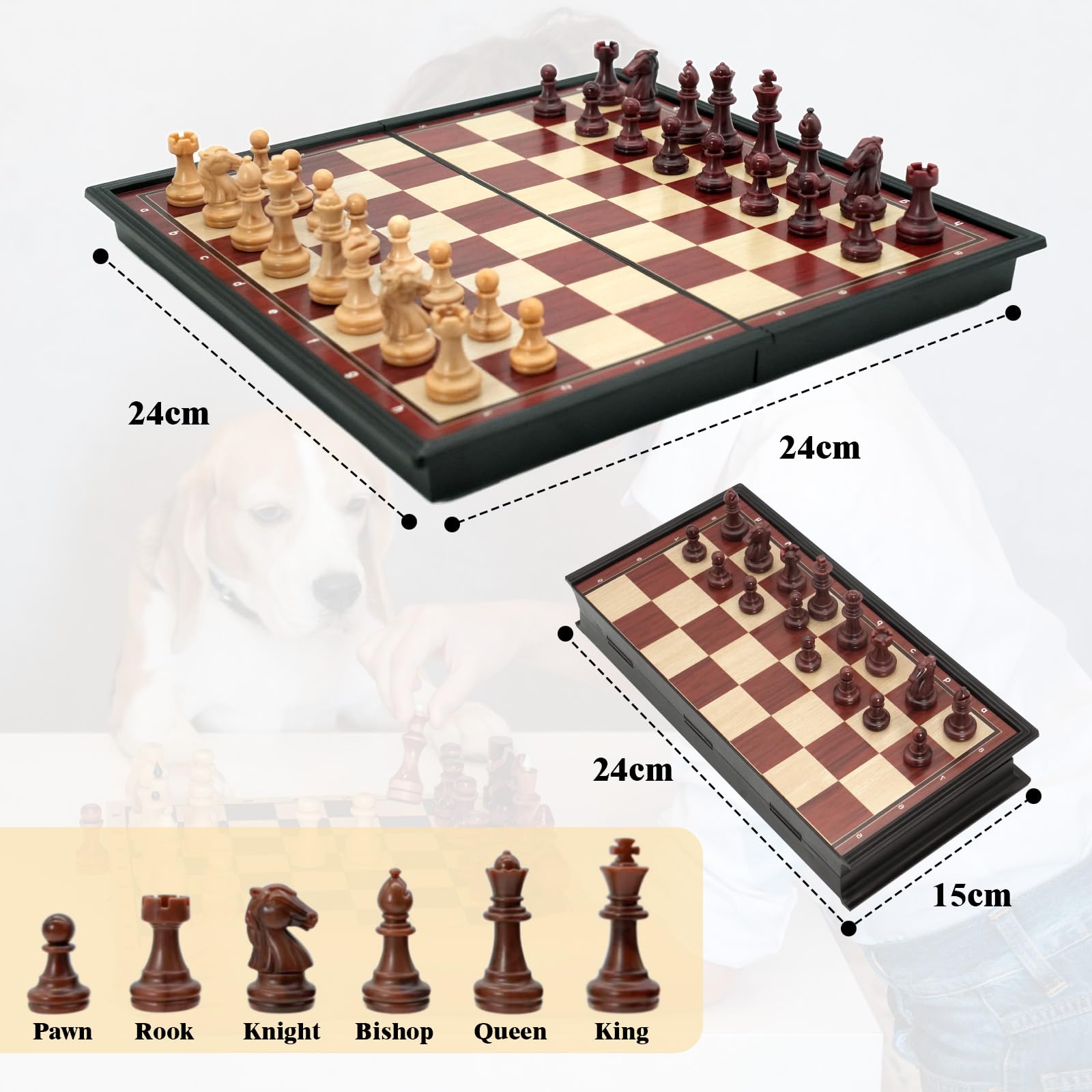 Echiquier, 24 × 24 cm Jeu D'Échecs en Pliable Echiquier Grain de Bois en Plastique, Deluxe Echecs Magnétique, Portable Chess Board Echequier pour Enfants Adultes Fête Voyage