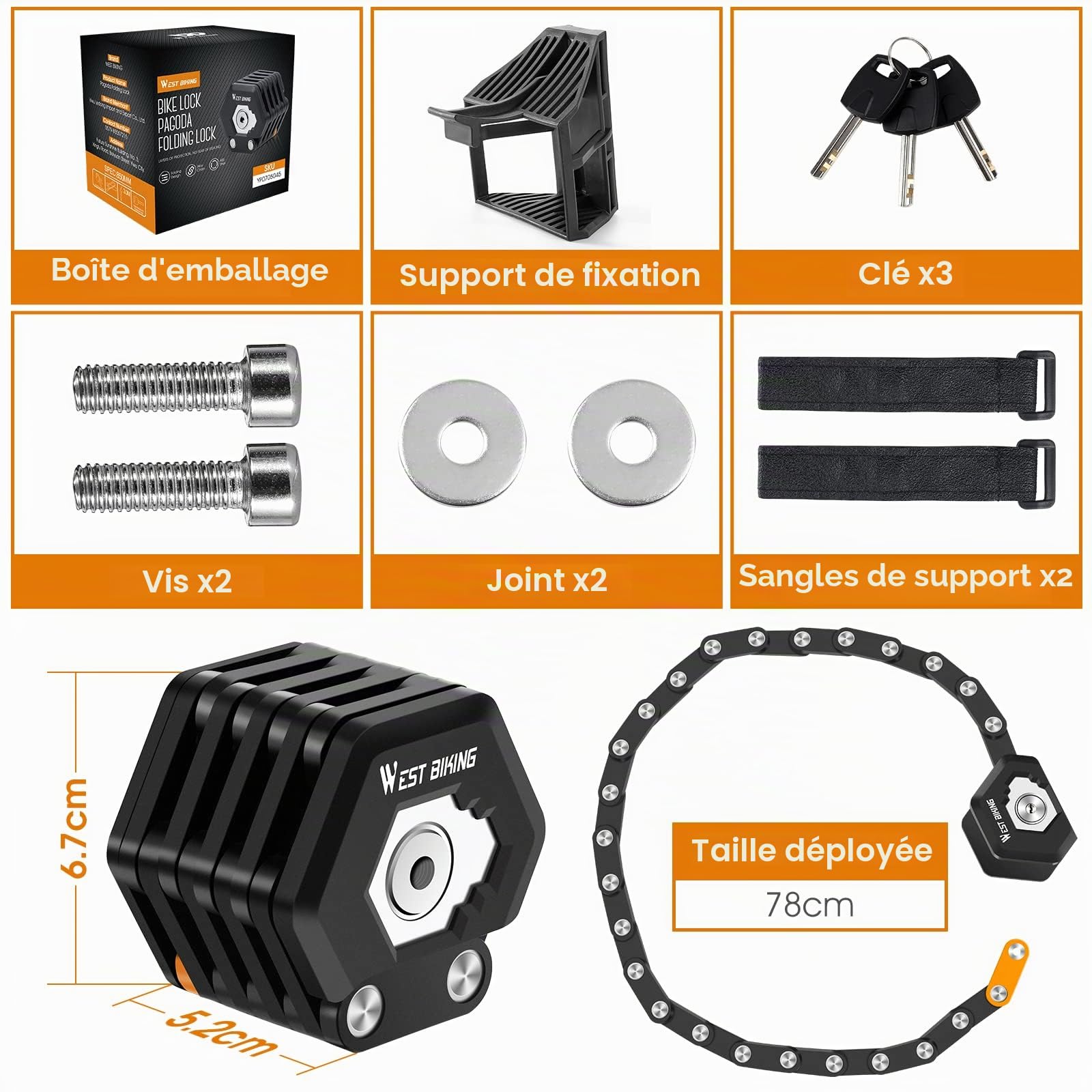 ICOCOPRO Antivol pliable pour vélo - 85 cm - Avec support - Haute sécurité - Noir