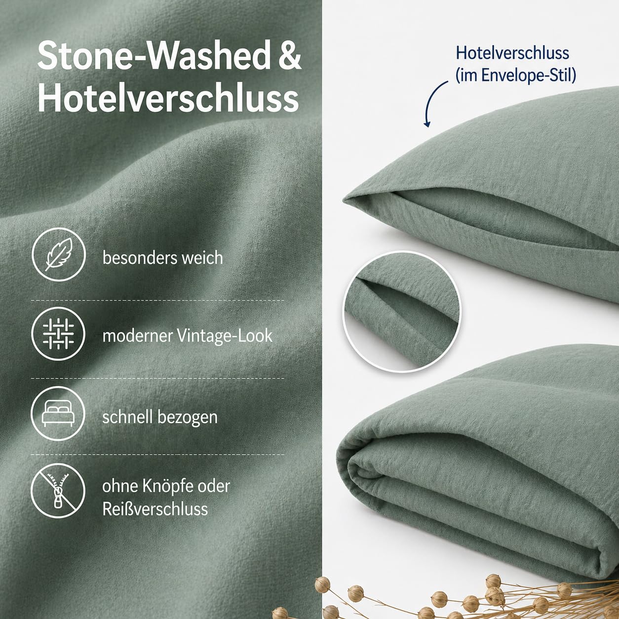 BLUE MOON Bettwäsche 135x200 Leinenbettwäsche [ÖKO-TEX] - 2teilig - 1 Bettbezug 135 x 200 + 1 Kissenbezug 80x80 cm - Luxuriöse Leinen Bettwäsche aus 100% Leinen - Made in EU - Stone Washed - grün