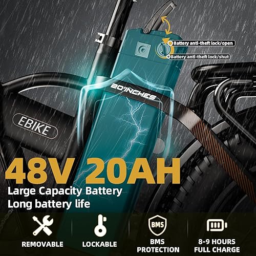 Miniatura 3 de Bicicleta eléctrica plegable para adultos, motor de 750 W (pico de 1000 W), batería extraíble de 48 V, 2015 AH, bicicleta eléctrica de 30 MPH,