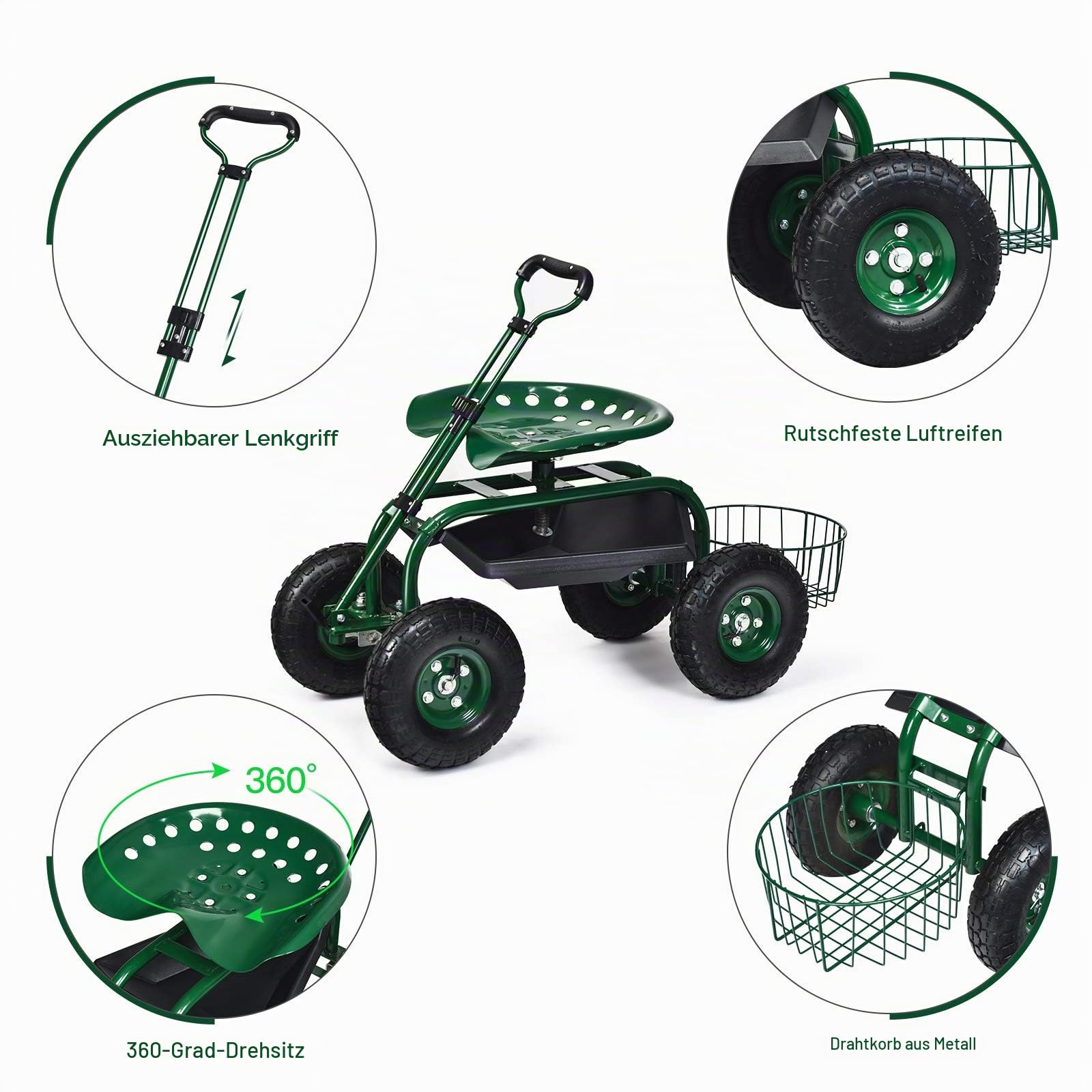 RELAX4LIFE Rollsitz mit Ablage Korb, Gartensitz mit Ausziehbarem Griff 4 Rädern, Gartenrollsitz Fahrbar & 360 ° Drehbar & Höhenverstellbar, Arbeitssitz bis 150kg Belastbar, für Gartenarbeit