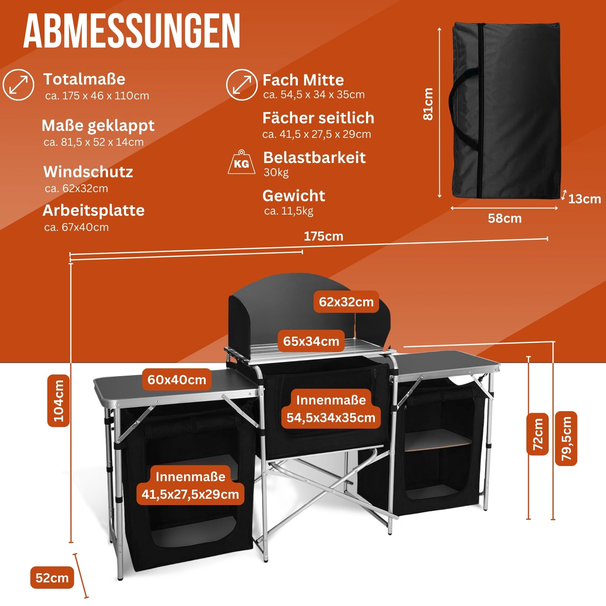 Campingschrank Camping Outdoor Vorzelt Campingmöbel, Camping Küche, faltbar, Reiseküche, Küchenschrank mit Arbeitsplatte und Staufächern für Outdoorküche, Vorzelt, Wohnwagen
