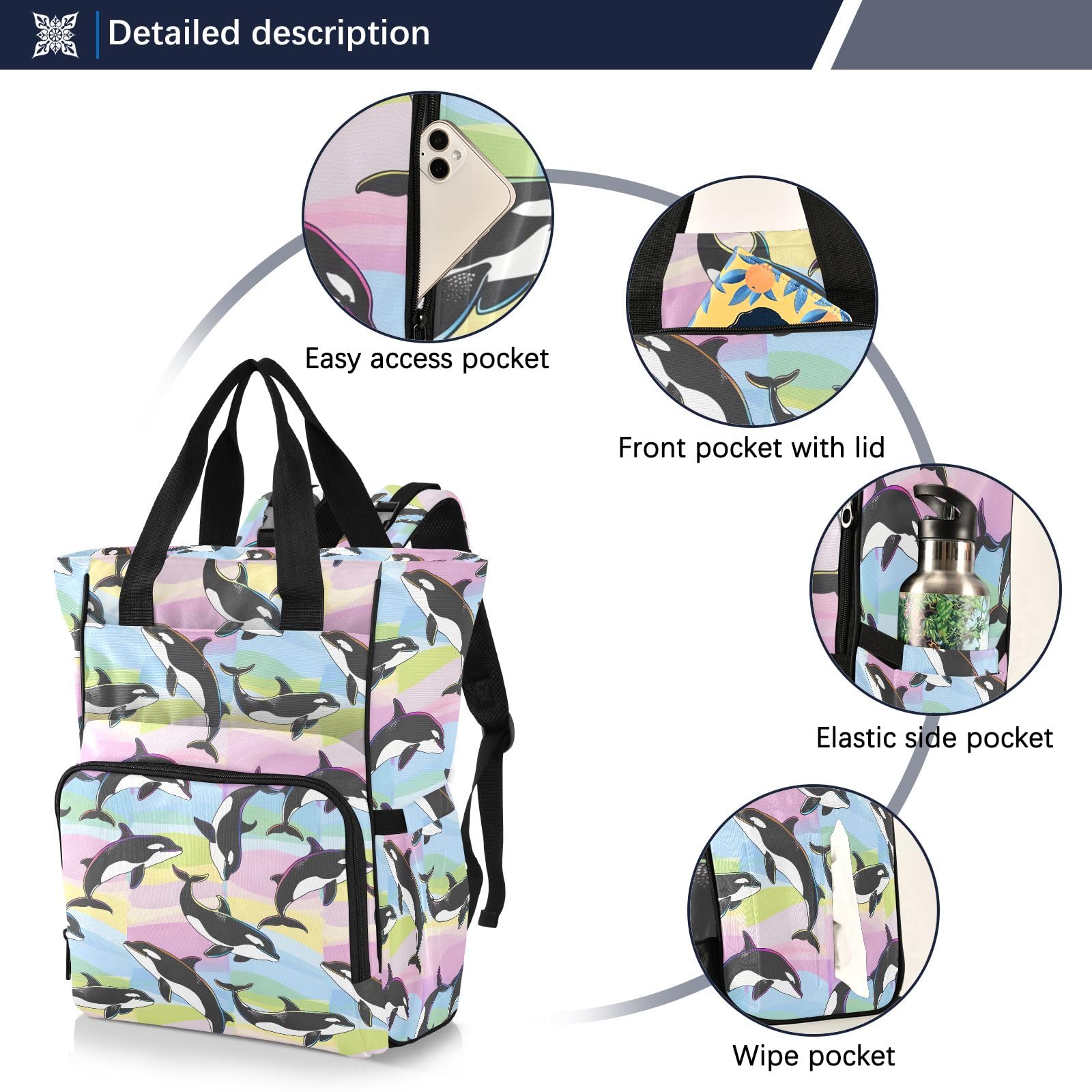 Mnsruu Carino Cartoon Rainbow Orcas Jumping Baby Diaper Bag Zaino Grande Borsa Impermeabile Viaggio Borse per pannolini per mamme e papà