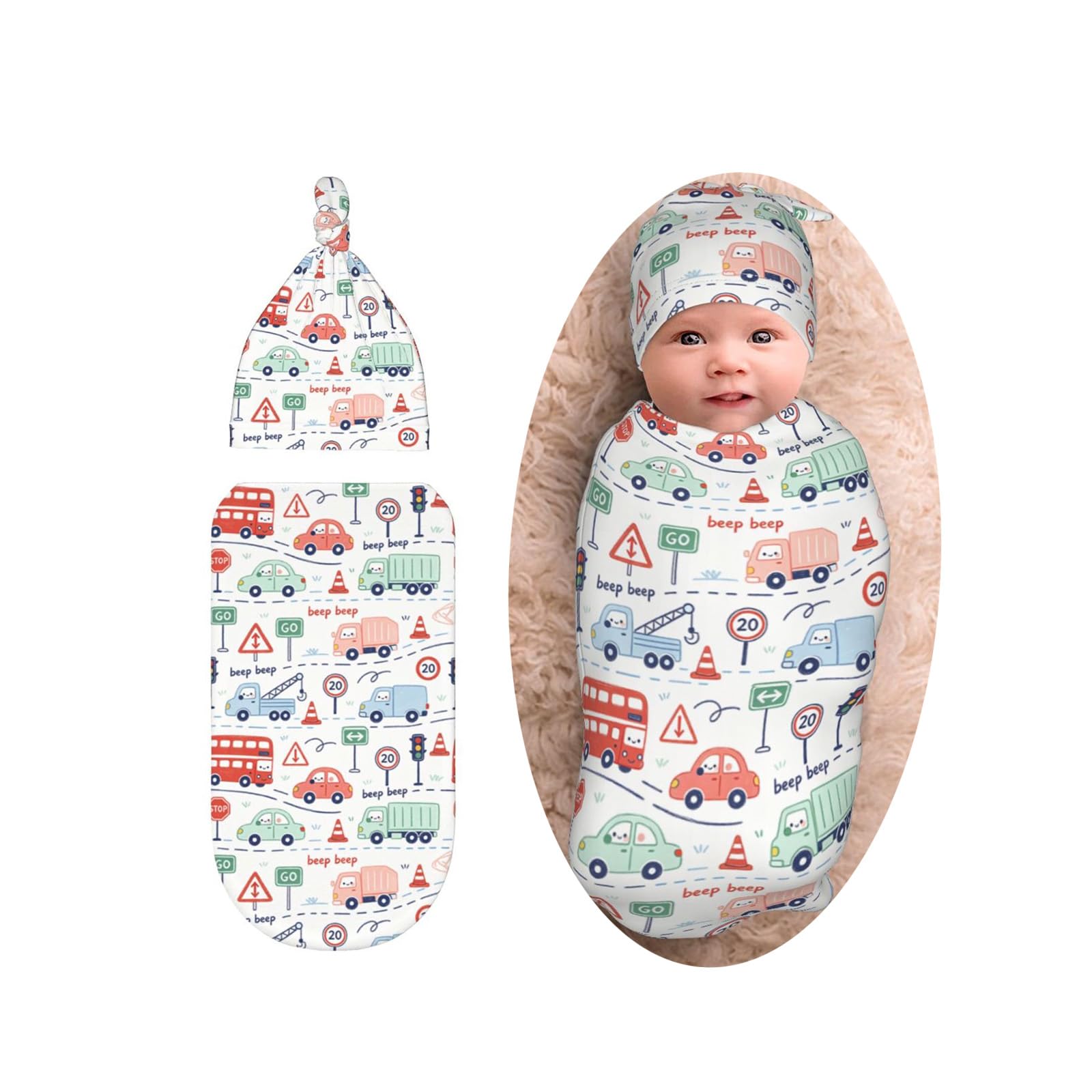 Car Theme Newborn Swaddle Blanket with Beanie Set, Soft and Stretchy Receiving Blanket for Boy and Girl Shower Gifts
