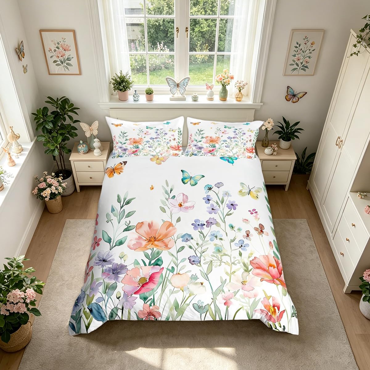 Homemissing Framed Watercolors Flower Duvet Cover Set Double Size For Kids Boys Girls Girl Butterfly Floral Bedding Set Colorful Nature Floral Duvet Cover with 2 Pillowcases Blossom Flowers Bedding โ image 1