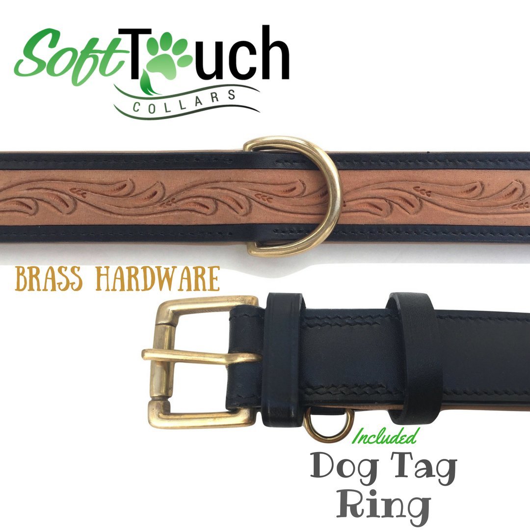 Soft Touch Collars - Leather Padded Dog Collar, Custom Handmade Hand Tooled - Black, Large