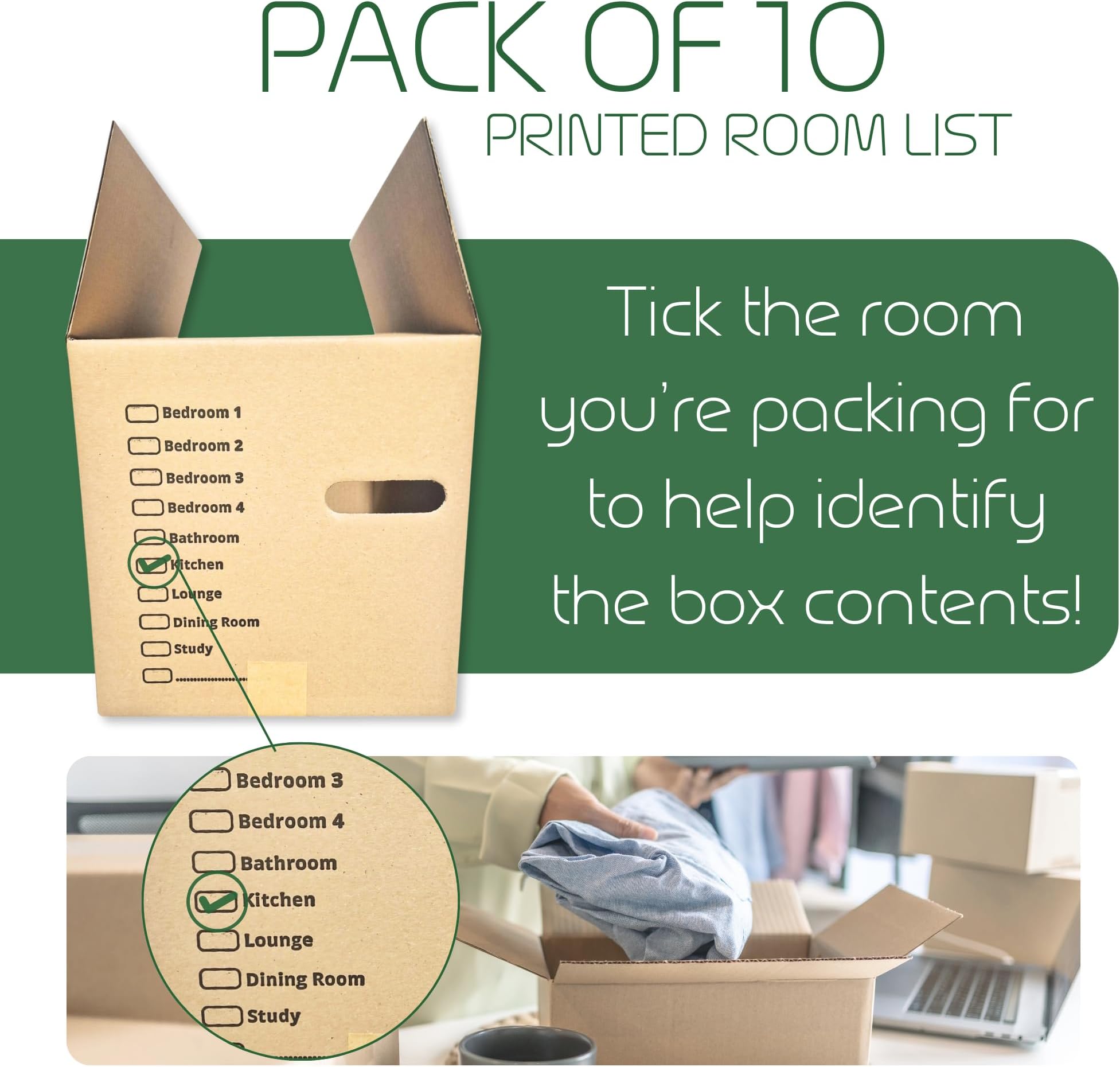 W.E. Roberts Moving Boxes 10 STRONG Cardboard House Moving packing boxes for moving house - Removal Packing boxes Large Cardboard Boxes with handholes and Room List